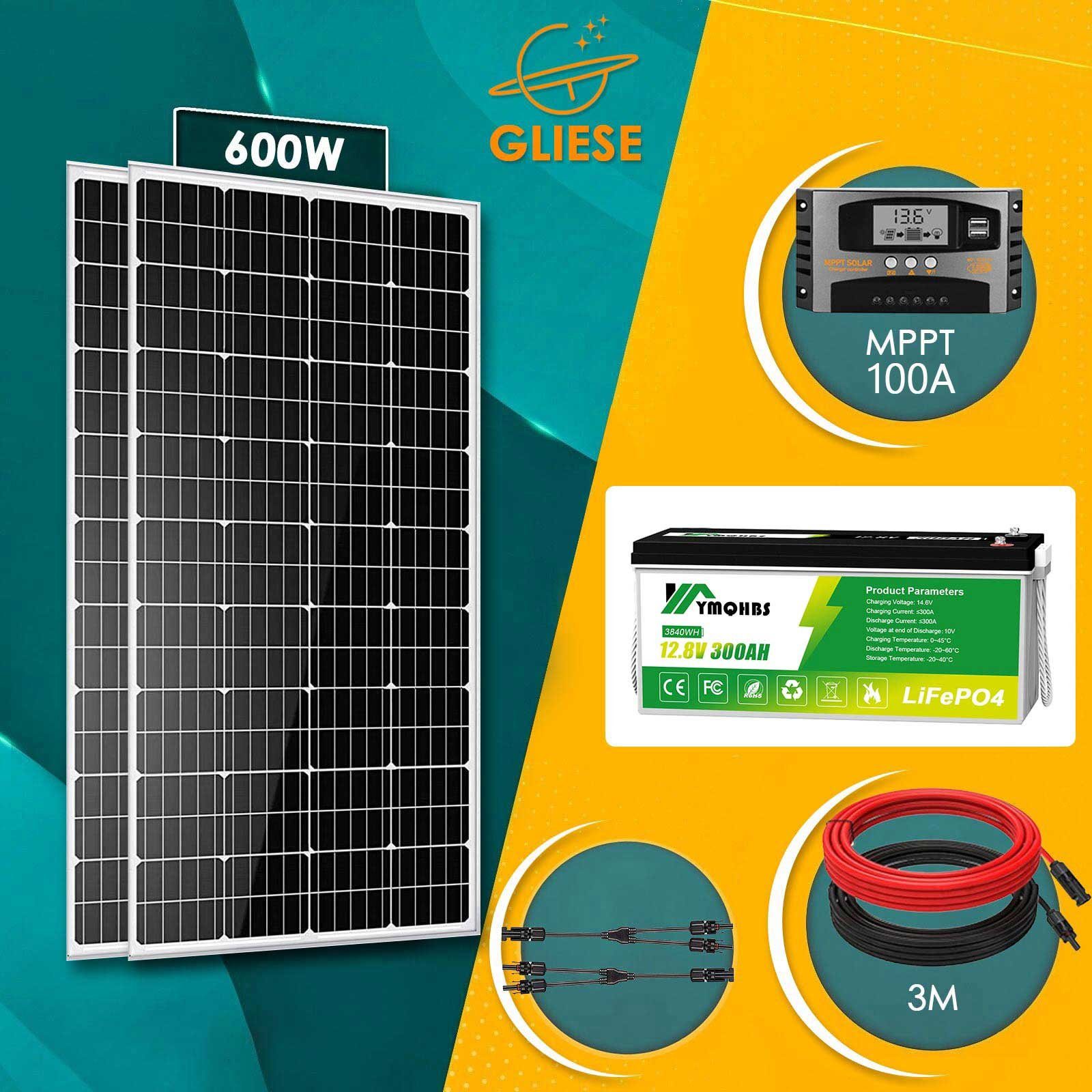 GLIESE Solarmodul 600W Solaranlage Komplettpaket Solarmodul 300Ah LiFePO4 Akku