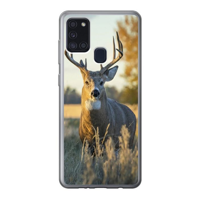 MuchoWow Handyhülle Hirsche - Gras - Herbst - Geweih - Natur - Tiere Handyhülle Samsung Galaxy A21s Smartphone-Bumper Print Handy