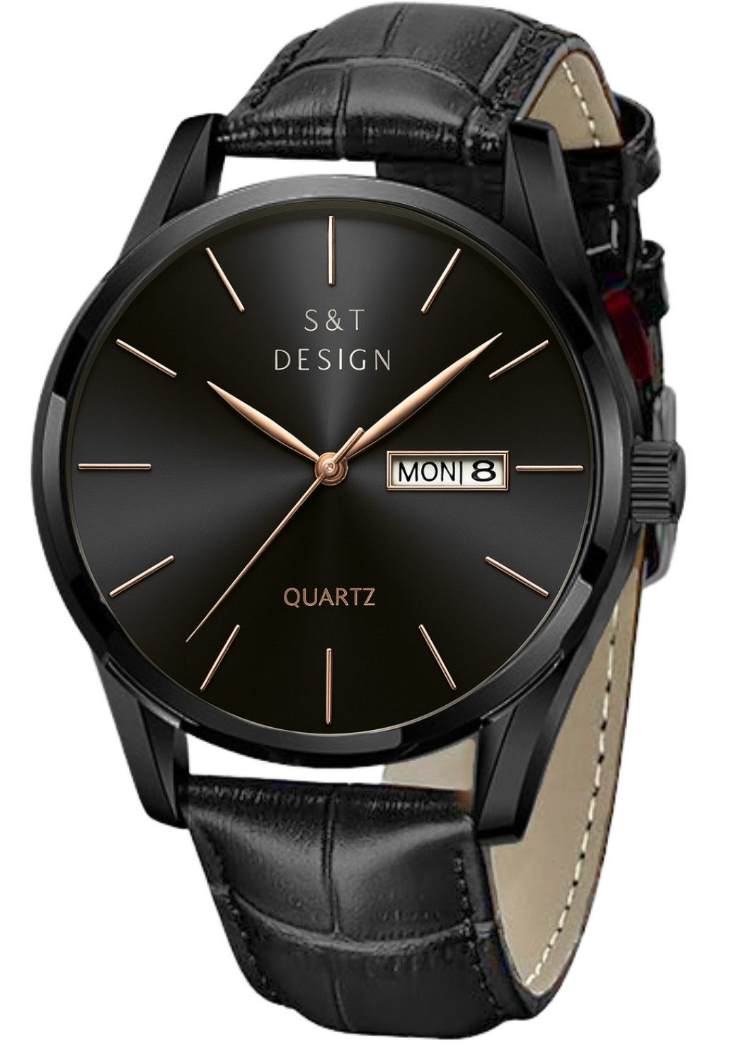 S&T Design Quarzuhr Herren Uhr Leder Armbanduhr Herrenuhr, (Packung, inkl. Uhrendose), Männer Uhr Schwarz Datum Wasserdicht 3Bar