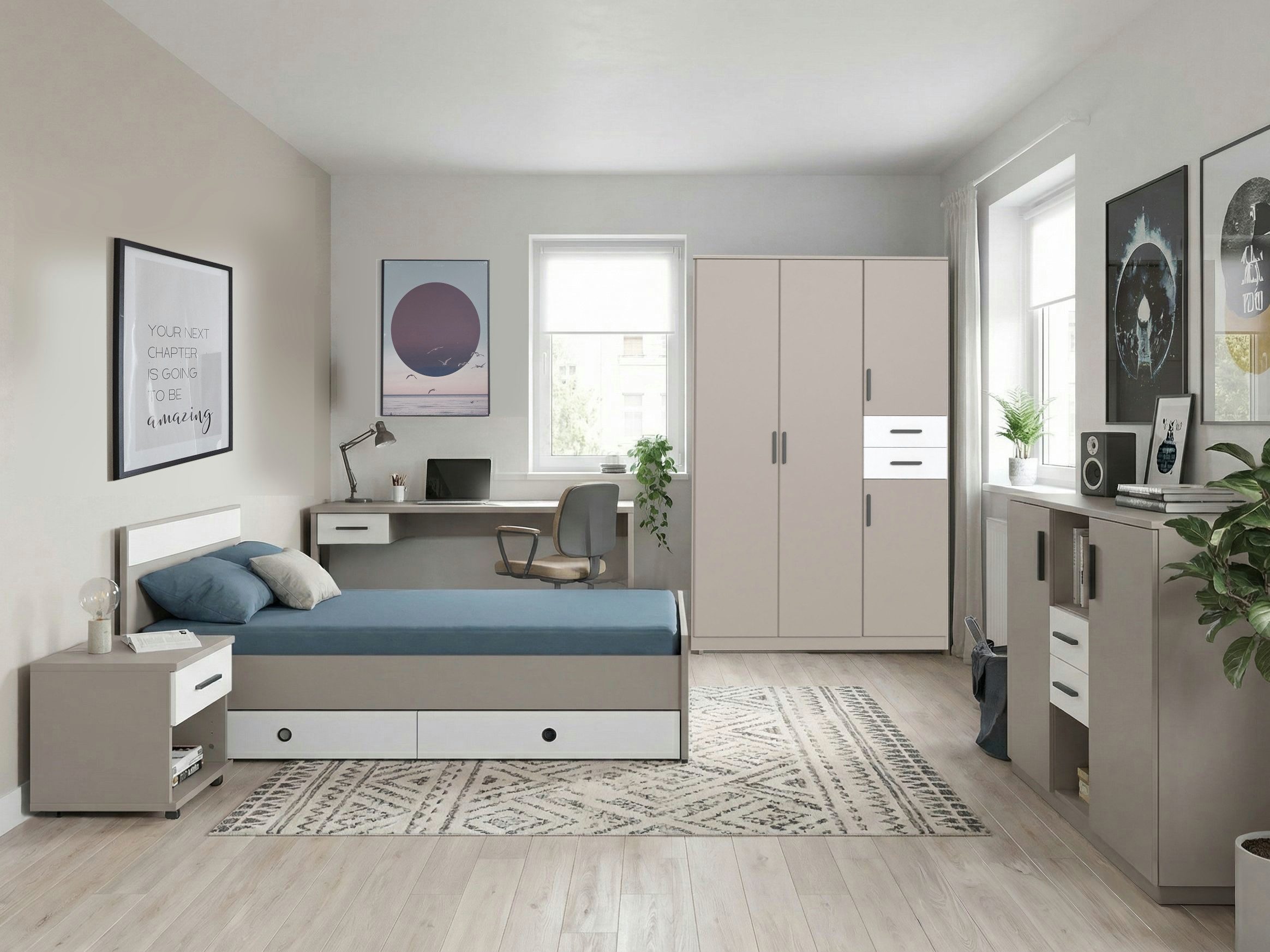 möbel-direkt.de Jugendzimmer-Set Bahamas in Saharagrau und Weiß oder Grafit mit Drehtürenschrank, (Komplett set, 7-tlg., in verschiedenen Zusammenstellungen wählbar), robuste, pflegeleichte Oberflächen