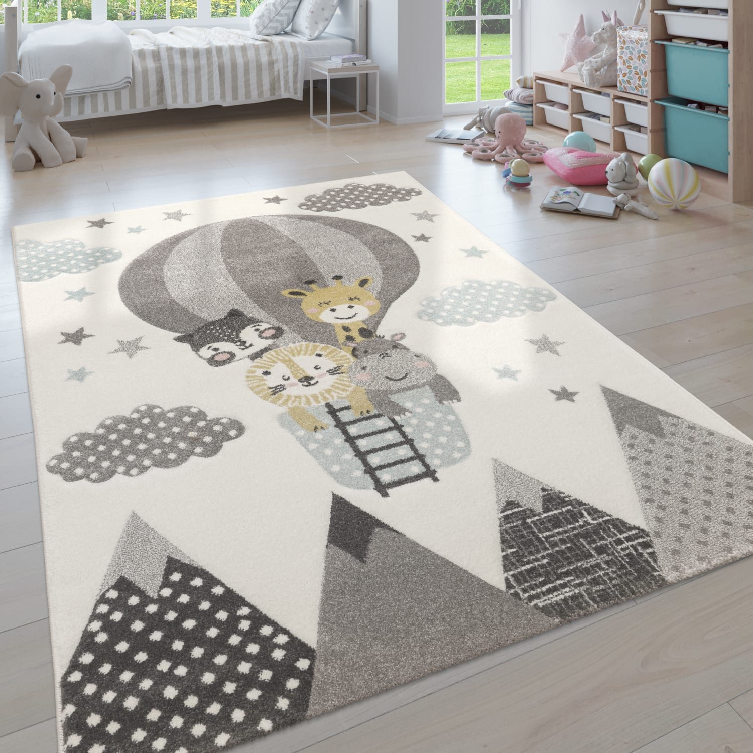 KADIMA DESIGN Kinderteppich Ballon mit Tieren Kinderzimmer schmutzabweisend Teppich Kinder, Läufer, Höhe: 16 mm, Florhöhe: 12 mm, 100% Polypropylen, Rechteckig, 80x150cm, Creme