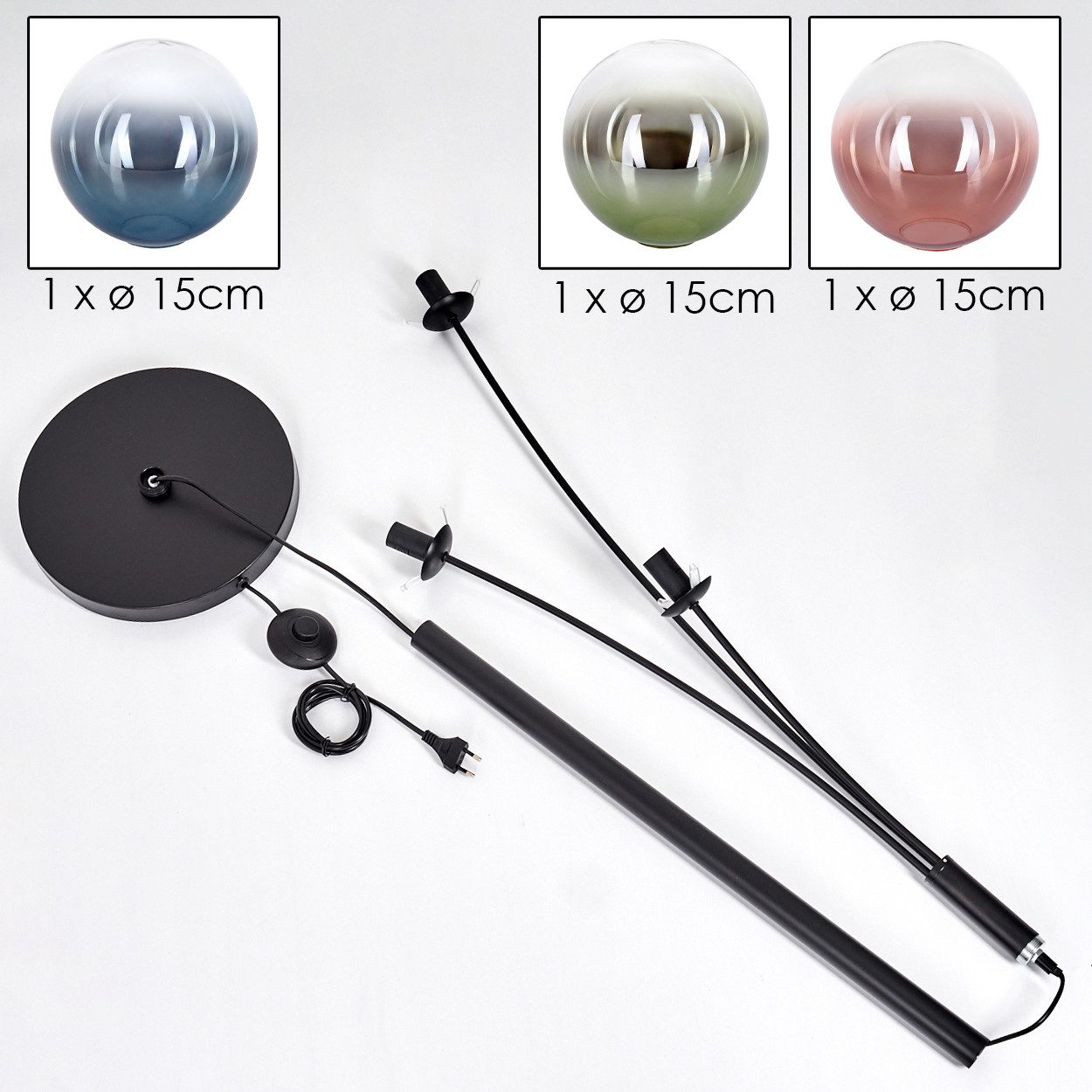 hofstein Stehlampe Stehlampe aus Metall/Glas in Schwarz/Blau/Grün/Kupfer/Klar, Stehleuchte im Retro-Design (Schirme 15cm), Fußschalter, 170cm, E14