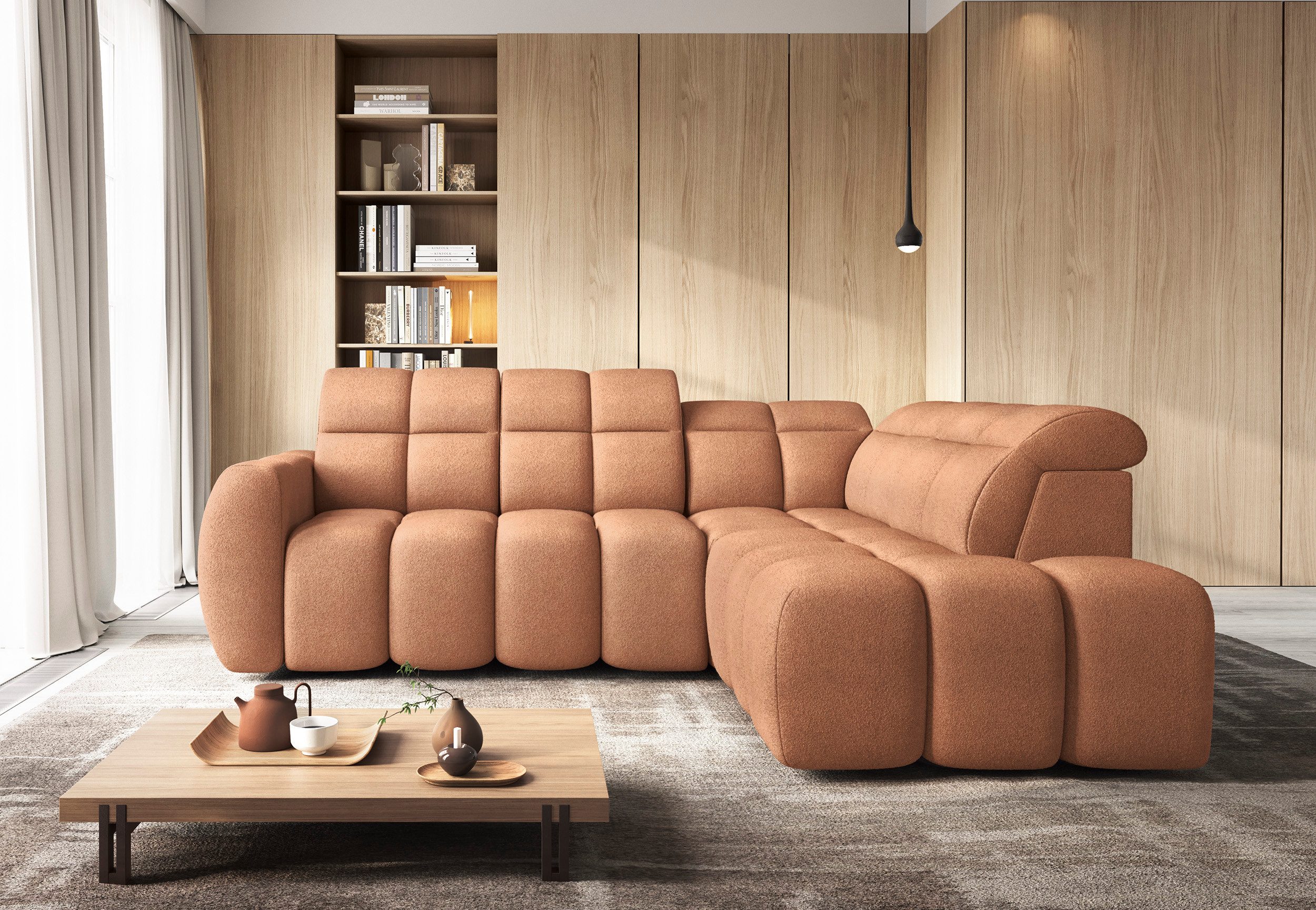 MF Design Ecksofa Ecksofa mit Schlaffunktion und Bettkasten in Bouclé, true / Elektrische Sitzflächenverlängerung / 1