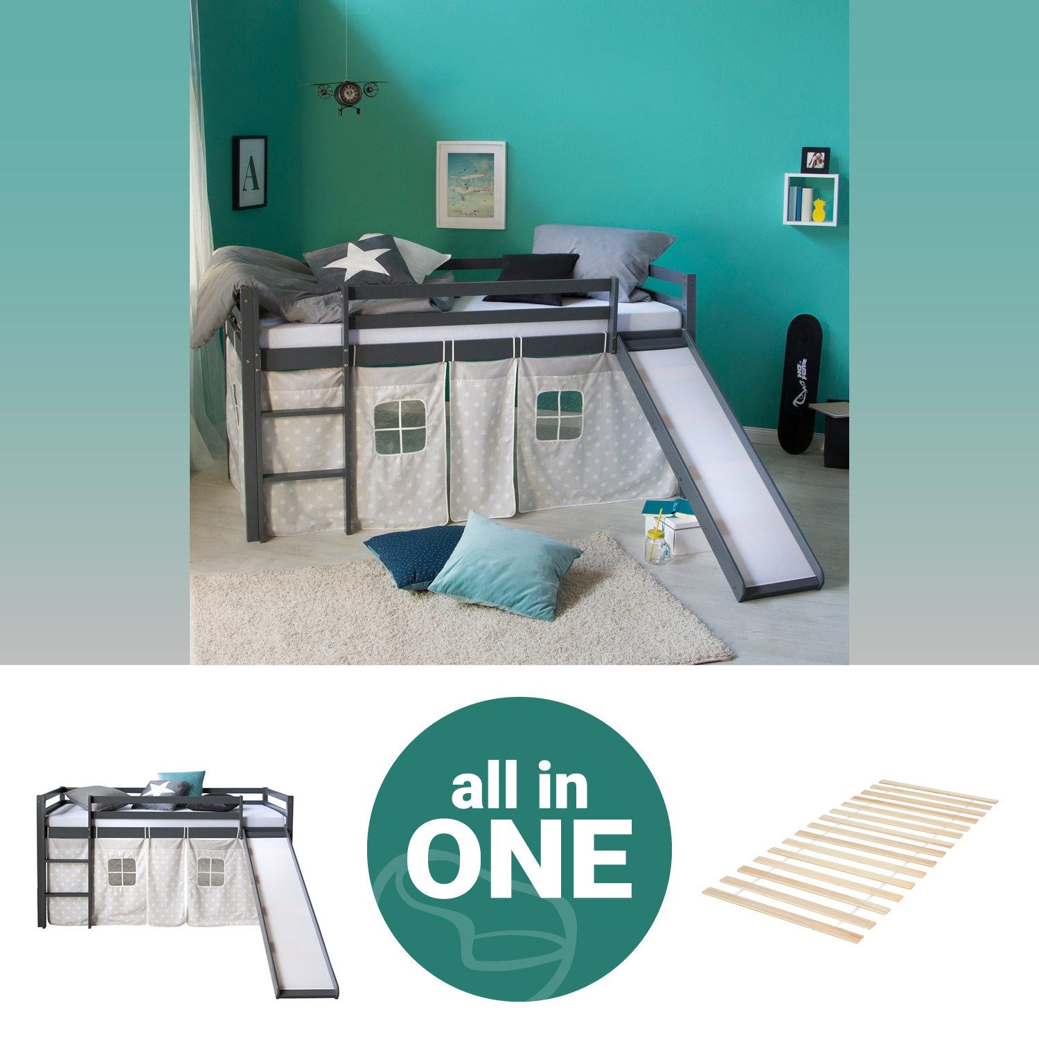 Homestyle4u Hochbett 90x200 cm Grau mit Vorhang Sterne für 1 Kind Kiefer Massiv (Set, mit Lattenrost und Rutsche, Jungen Mädchen) mit Rutsche, Spielbett