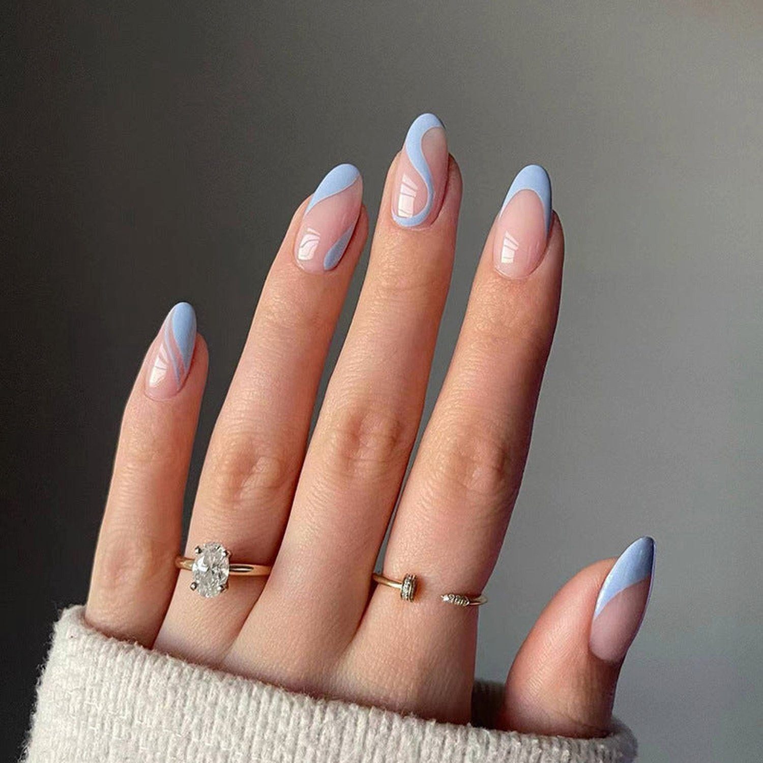 YRIIOMO Kunstfingernägel Lange runde Nagelaufkleber, künstliche Nägel, tragbare Nägel, hellblaue künstliche Nägel, lange aufhellende Nägel