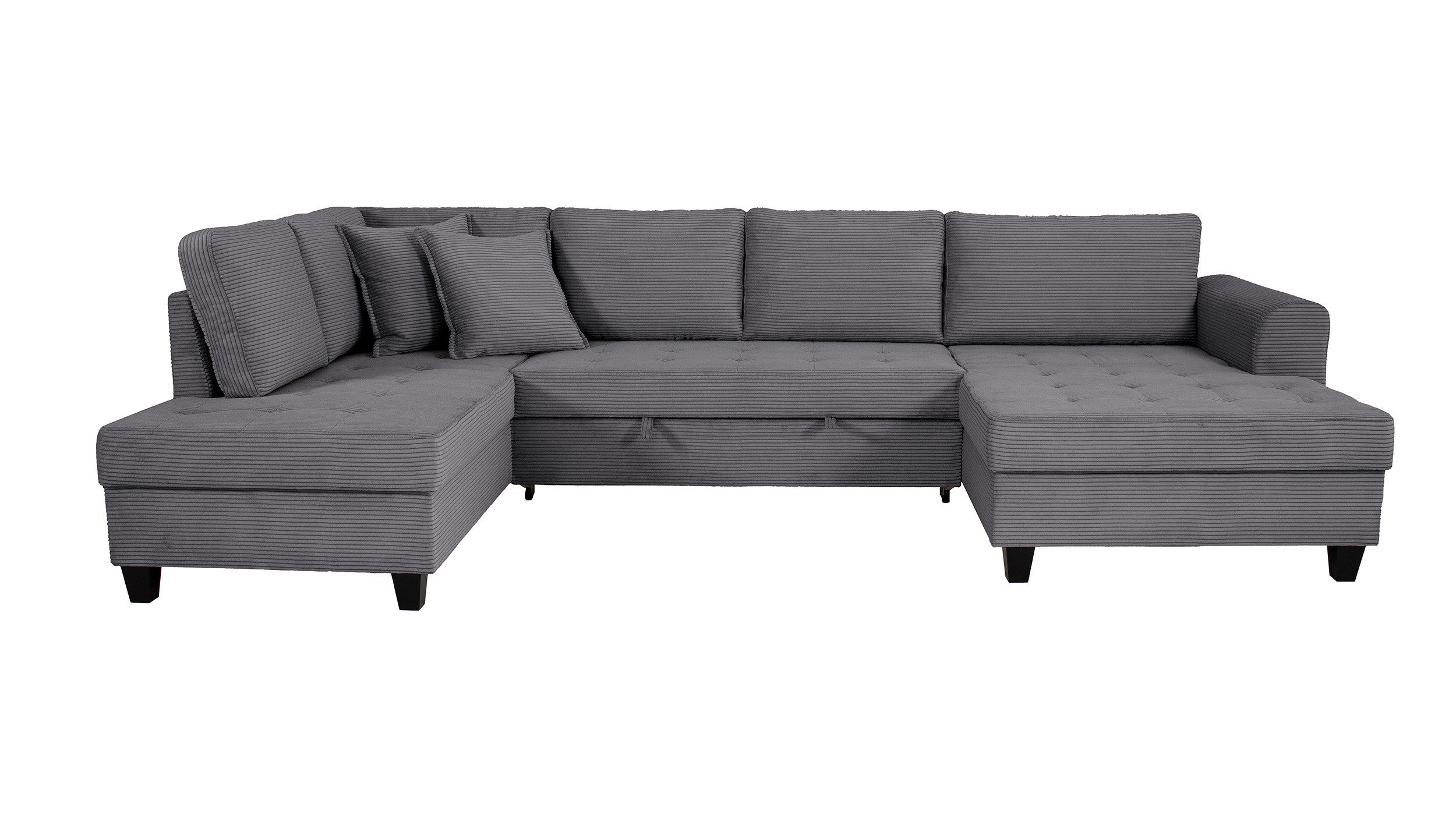 Massivart® Wohnlandschaft Cord grau 324 cm / Schlaffunktion & Bettfunktion / MANDALIA, Nosagunterfederung · frei im Raum stellbar · inkl. 8 Kissen – Bild 2 von 5