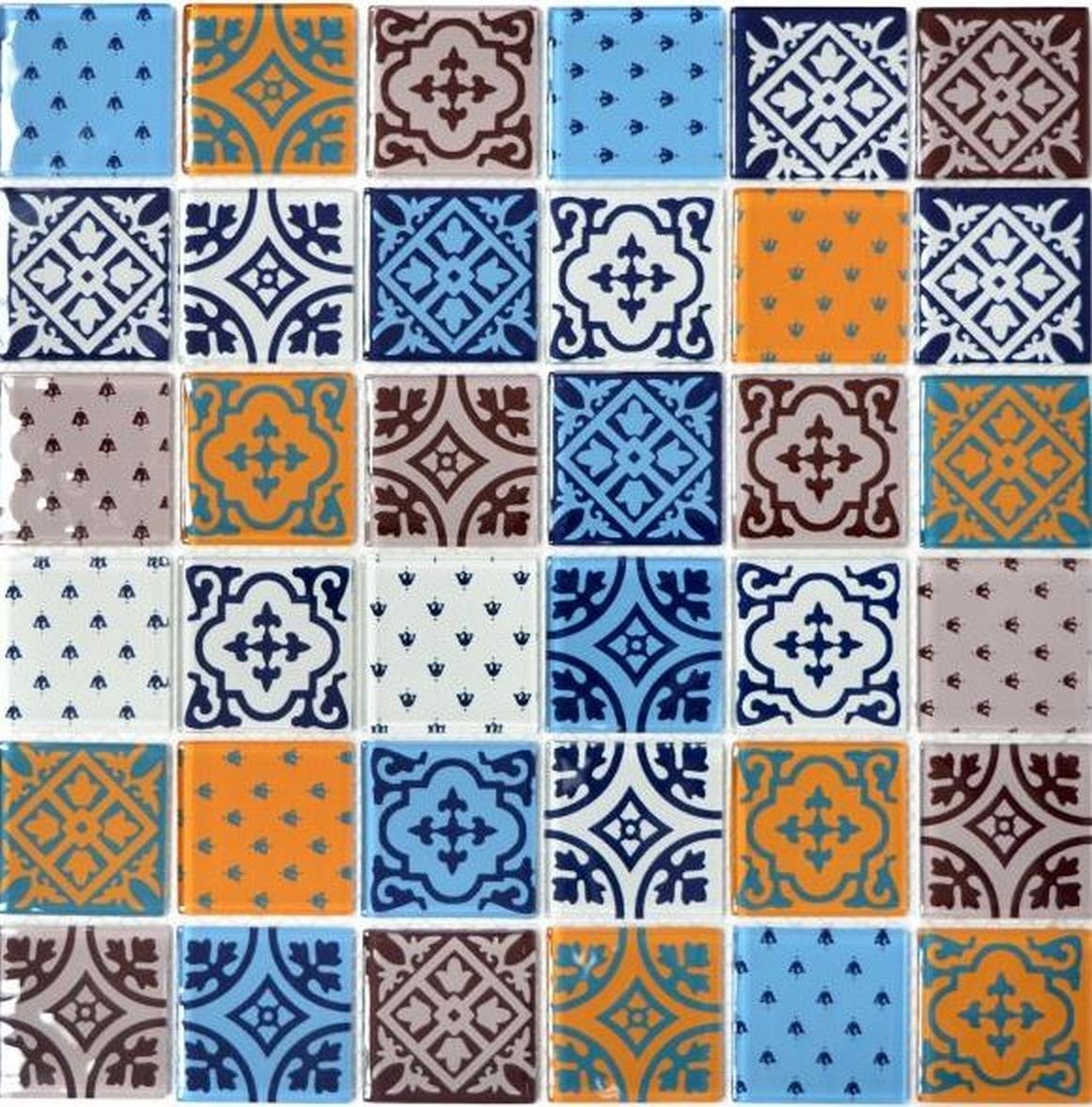 Mosani Mosaikfliesen Glasmosaik Retro Vintage grau Mosaikfliesen blau weiss orange