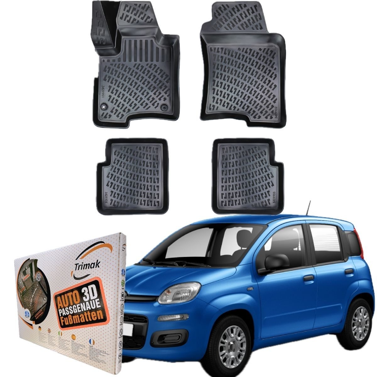 Trimak Passform-Fußmatten Oder Kofferraumwanne Oder Set für Fiat Panda, FIAT Panda 3. Gen. ab 2012 Gummimatten Auto TPE Allwetter Fussmatten