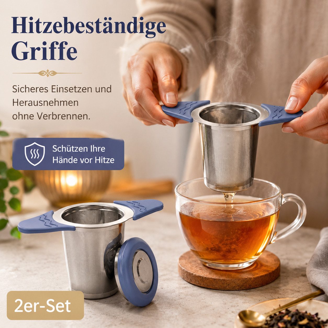 Vornix Teesieb 2er-Set aus Edelstahl, feinmaschiger Tee-Infuser mit Deckel, (hitzebeständigen Silikongriffen, wiederverwendbar für Tassen und Becher)