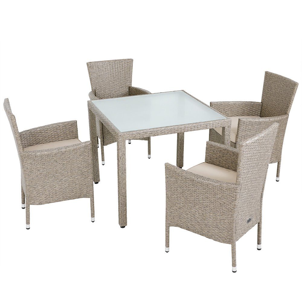 Casaria Sitzgruppe 4+1, Polyrattan 4 stapelbare Stühle 7m Auflagen 90x90cm  Gartentisch