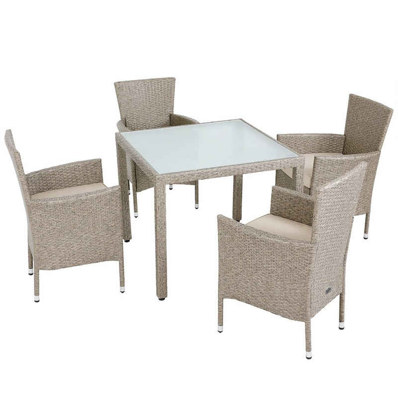 Casaria Sitzgruppe 4+1, Polyrattan 4 stapelbare Stühle 7m Auflagen 90x90cm Gartentisch