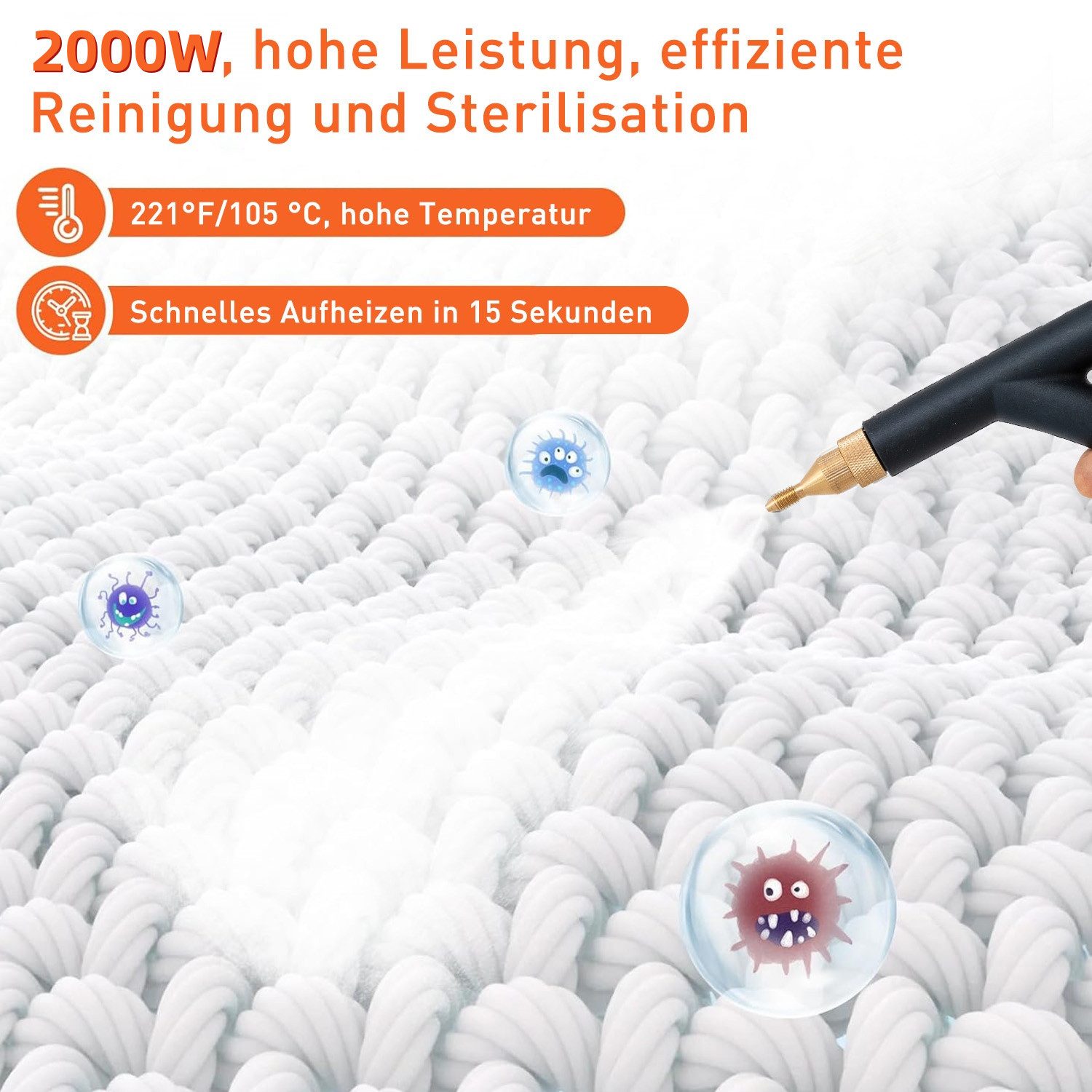 INSE Handdampfreiniger, Tragbarer Dampfreiniger, Druckdampfreiniger, Reinigungsgerät, 2000 W, 6 einstellbare Geschwindigkeiten, 1500 ml Wassertankkapazität