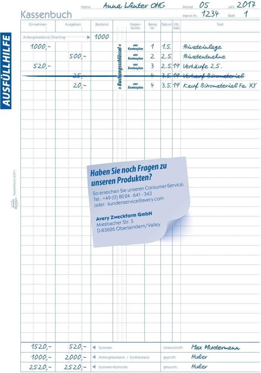 Formularblock Formularbuch Kassenabrechnung A4 selbstdurchschreibend VE=2x40 Blatt