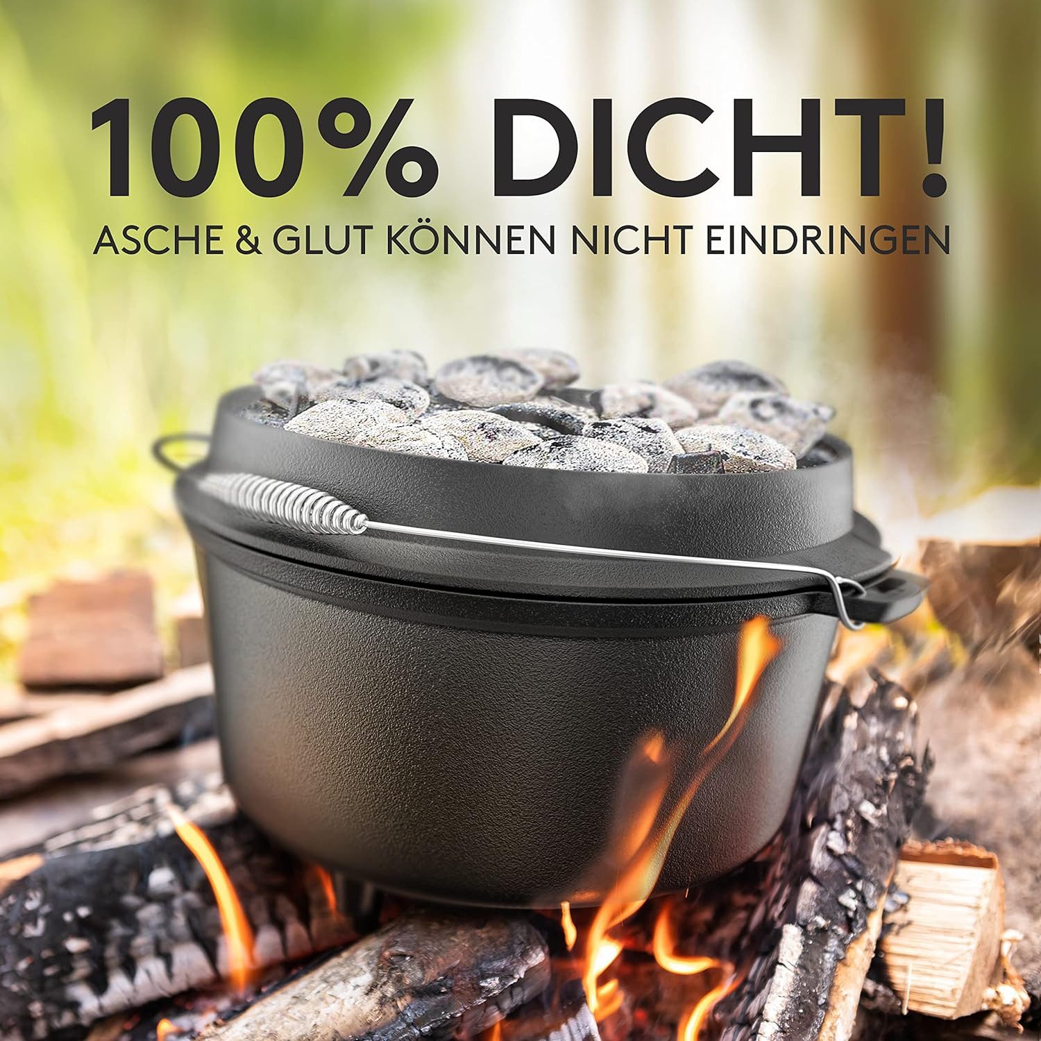 Taste of Fire Feuertopf BBQ Dutch Oven Feuertopf - Gusseisen Set 7L für Grill & Lagerfeuer, Gusseisen, Voreingebrannt inklusive Topfständer, Deckelheber und E-B – Bild 5 von 5
