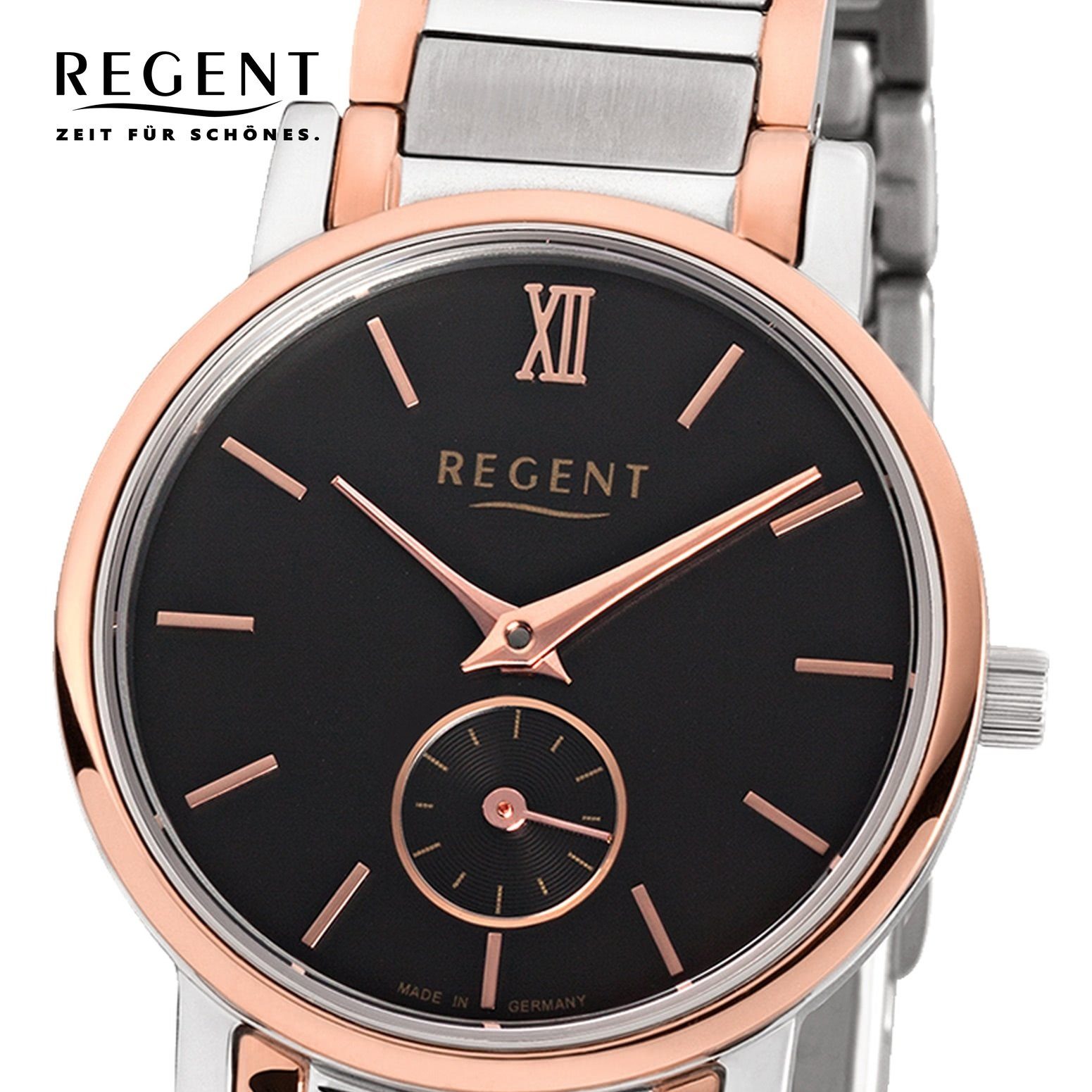 Regent Quarzuhr klein Damen-Armbanduhr rund, Armbanduhr 27mm), rosegold, Edelstahlarmband Regent (ca. silber Damen