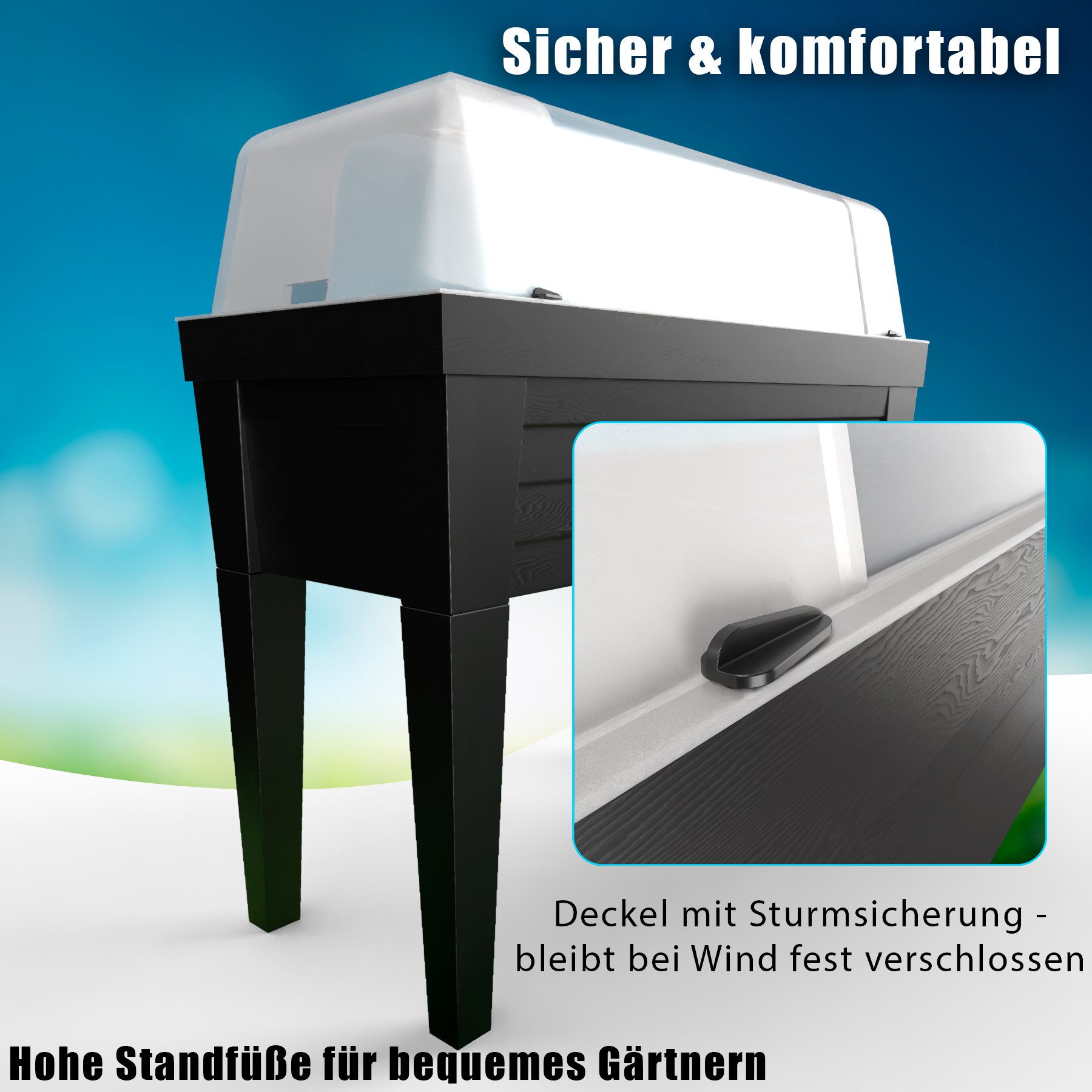 BigDean Hochbeet XXL Balkon mit Abdeckung aus robustem Kunststoff abnehmbare Beine (Stück, 1 St., Hochbeet), Integriertes Wasserablaufsystem mit Filter gegen St – Bild 5 von 5