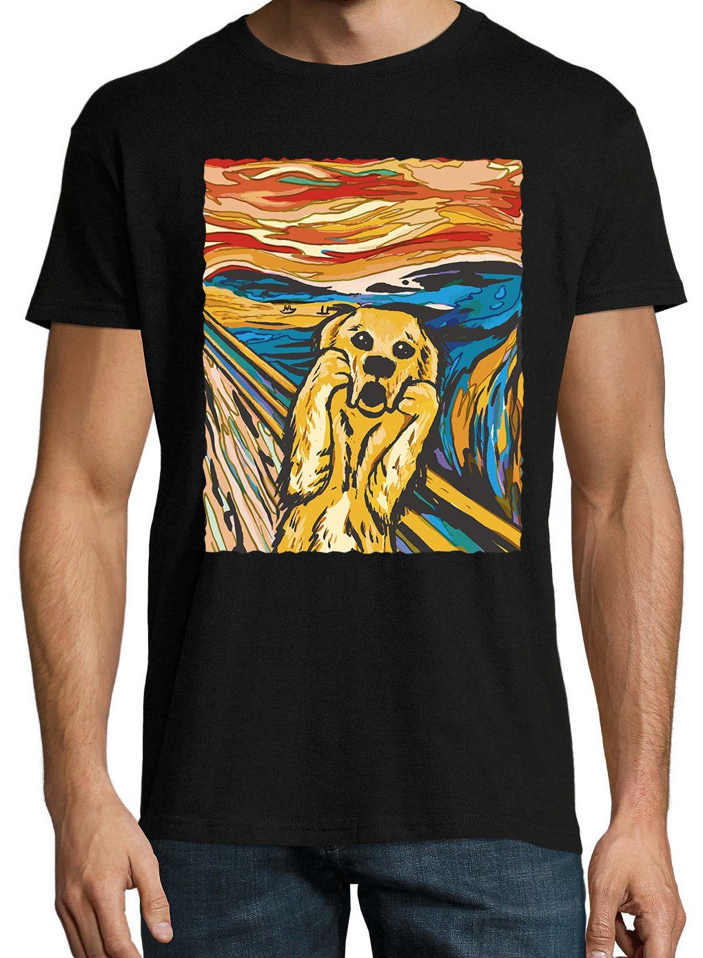 Gemälde Dog Herren Youth Shirt Schrei Hund Schwarz mit Frontprint trendigem T-Shirt Designz