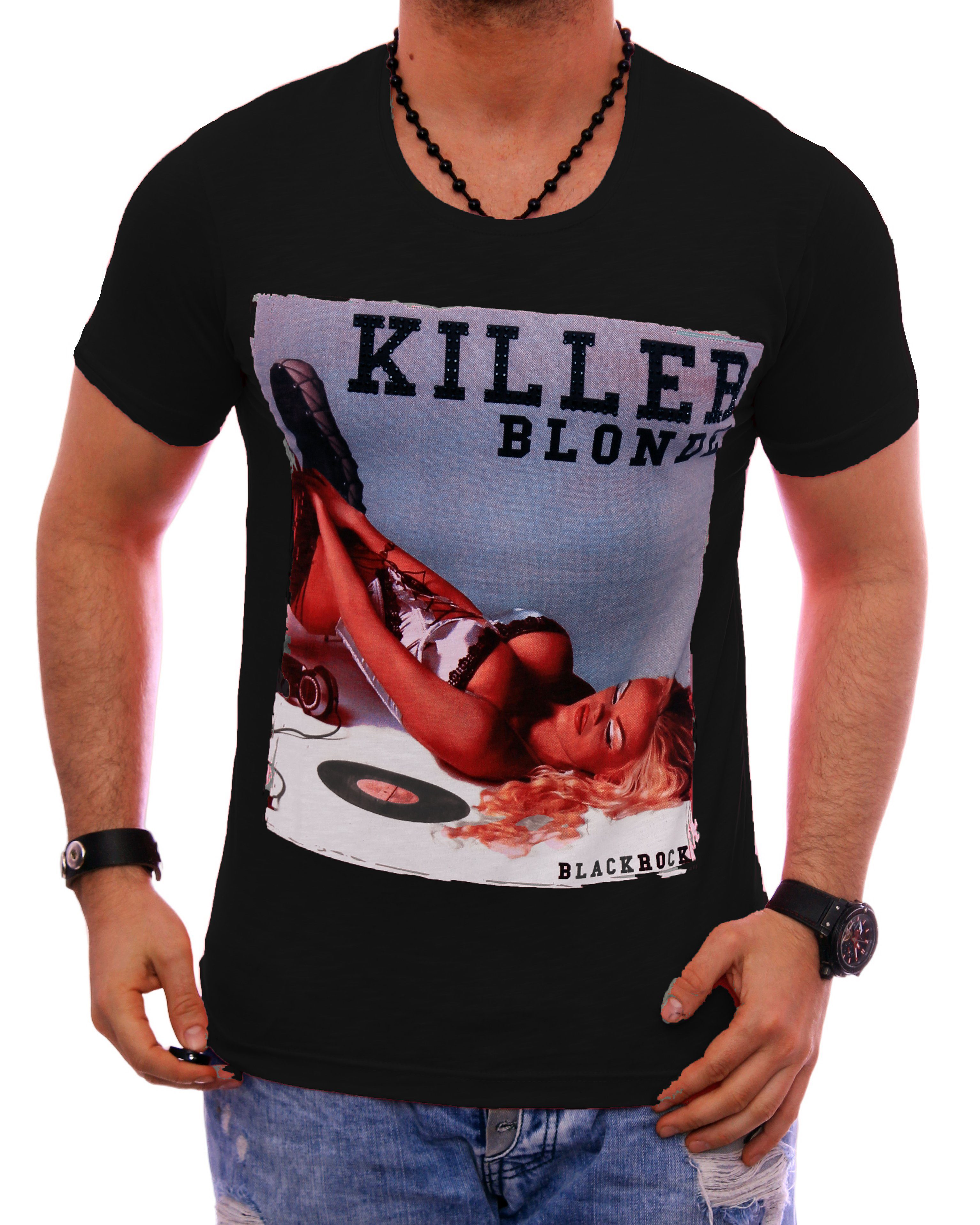 Urlaub Slim-Fit kurzarm Herren Schwarz Strasssteine Rundhals bedruckt Motiv Shirt Print BLACKROCK T-Shirt T-Shirt