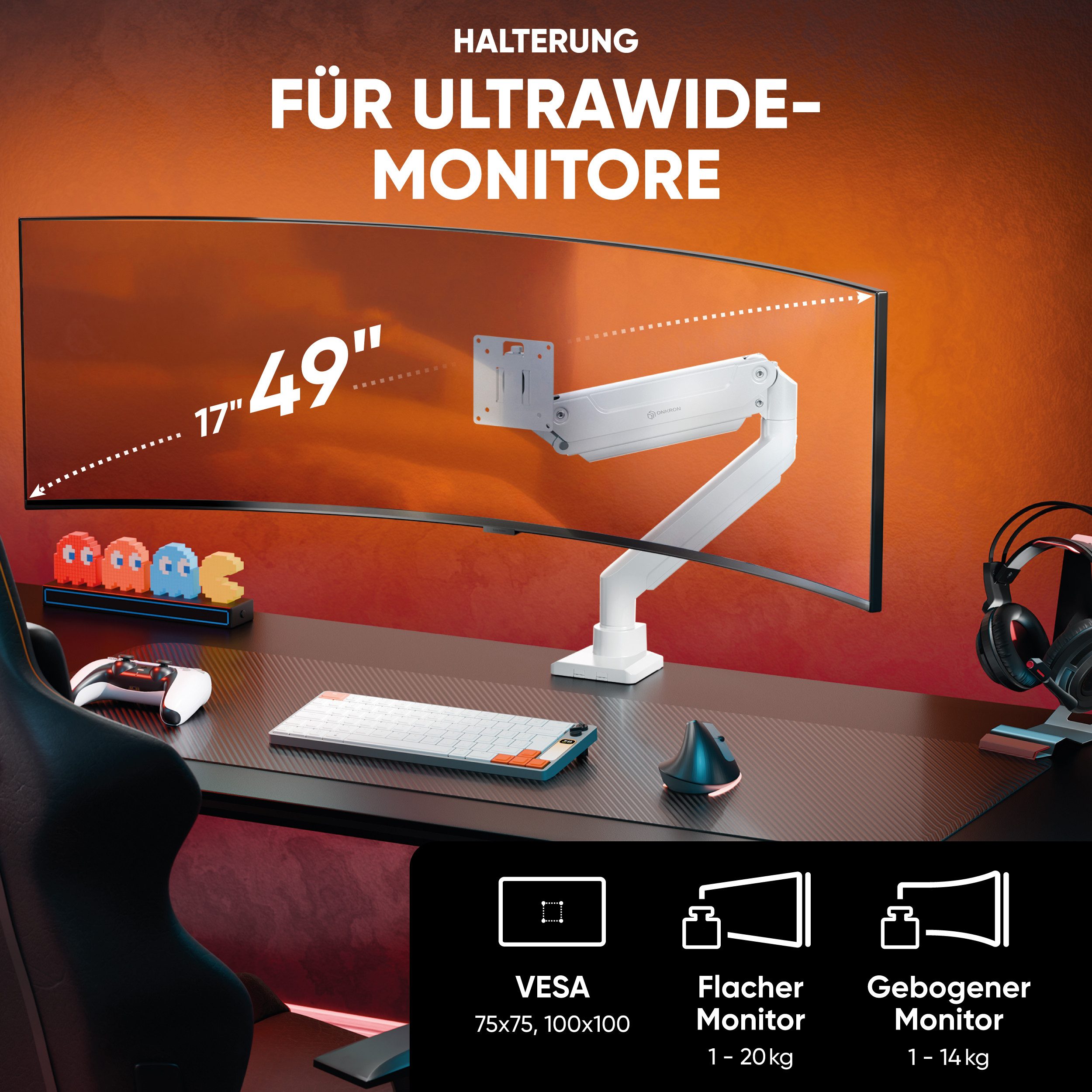 ONKRON Monitor-Halterung 17-49 Zoll, bis 20 kg, VESA 75x75-100x100, G100-W, (bis 49 Zoll, Packung, 1-tlg., neigbar, schwenkbar, drehbar, Gasdruckfeder, Kabelman – Bild 3 von 5