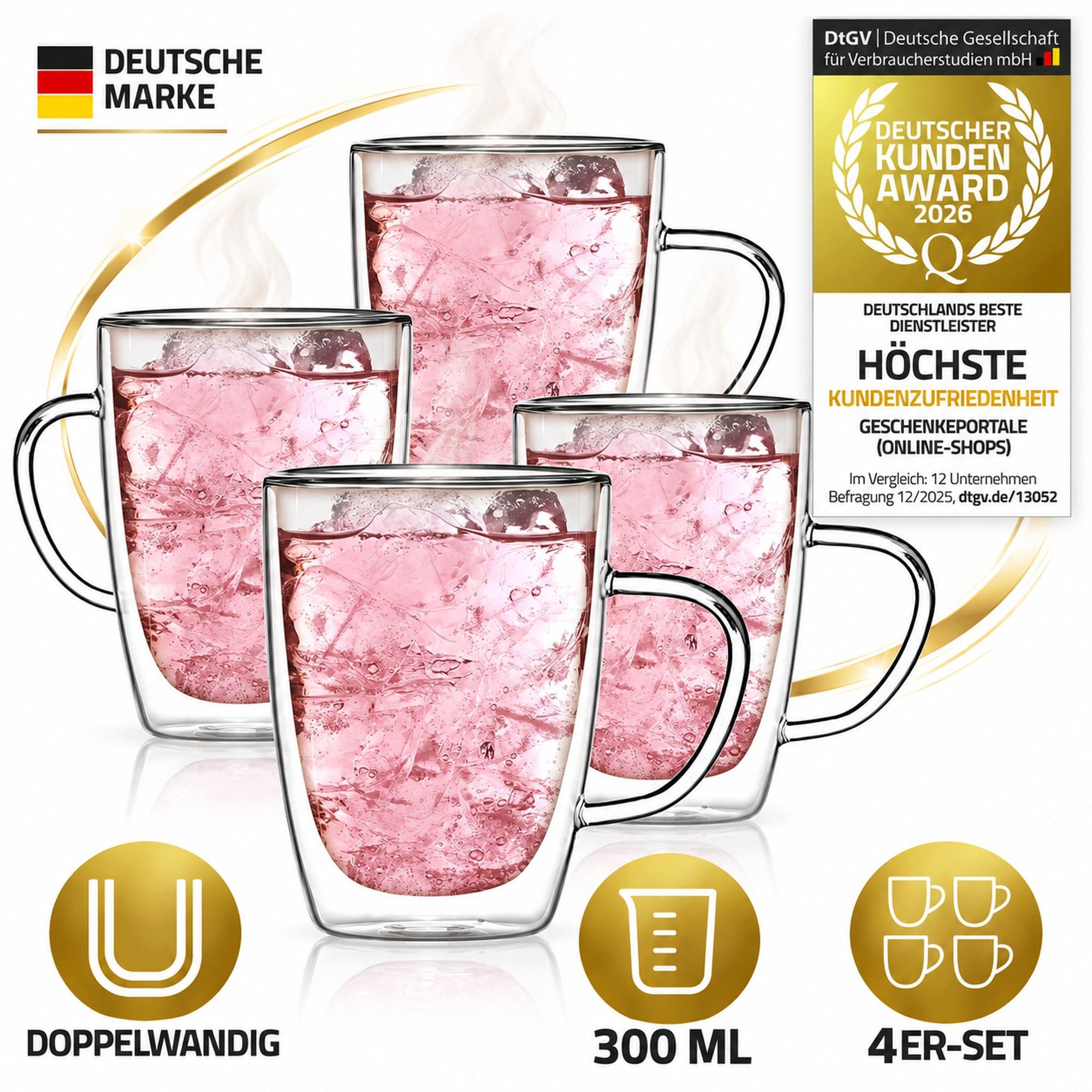 Dimono Tasse Dimono Doppelwandglas 300 ml – Trinkglas mit Griff aus Borosilikatglas, 4-tlg., Borosilikatglas, Wasser- Longdrink- & Cocktailgläser