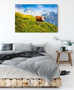 Pixxprint Leinwandbild Kuh auf grüner Alm in den Bergen, Kuh auf grüner Alm in den Bergen (1 St), Leinwandbild fertig bespannt, inkl. Zackenaufhänger