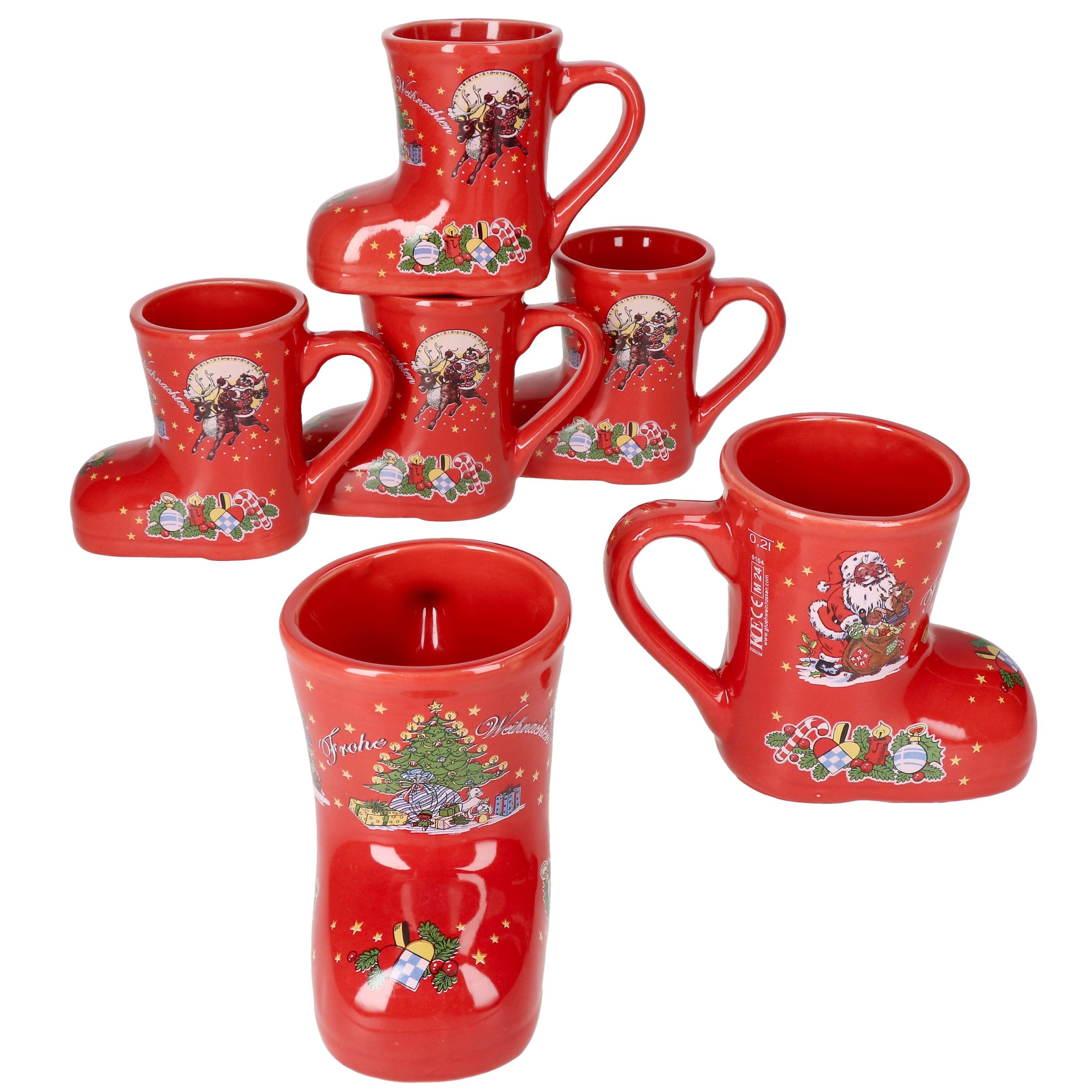Tasse 6x Glühweinstiefel rot Weihnachts-Motiv 200ml geeicht Keramik