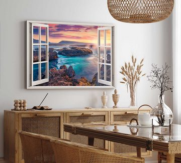 Sinus Art Leinwandbild Wandbild 120x80cm Fensterbild Island Landschaft Berge Meer Küste Sonne, (1 St)