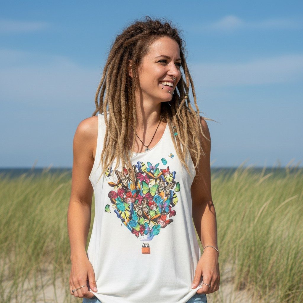 Guru-Shop T-Shirt Tanktop mit farbigem Ethnodruck - creme Butterfly Festiva günstig online kaufen
