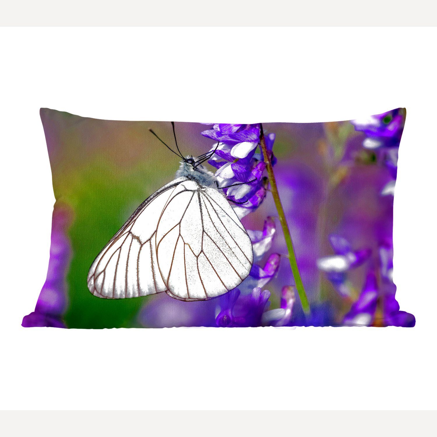 MuchoWow Dekokissen Schwarzgeäderter weißer Schmetterling auf einer Blüte, Wohzimmer Dekoration, Zierkissen, Dekokissen mit Füllung, Schlafzimmer | Dekokissen