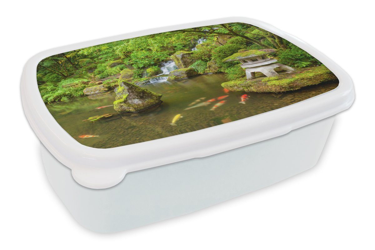 MuchoWow Lunchbox Wasserfall - Koi - Japanische Laterne - Moos - Wasser, Kunststoff, (2-tlg), Brotbox für Kinder und Erwachsene, Brotdose, für Jungs und Mädchen weiß