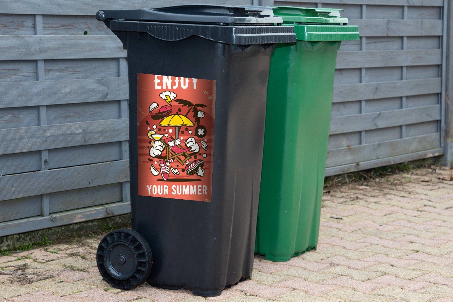 MuchoWow Wandsticker Sonnenschirm - Retro Container, Sticker, Sommer St), (1 Mülleimer-aufkleber, Abfalbehälter Mülltonne, 