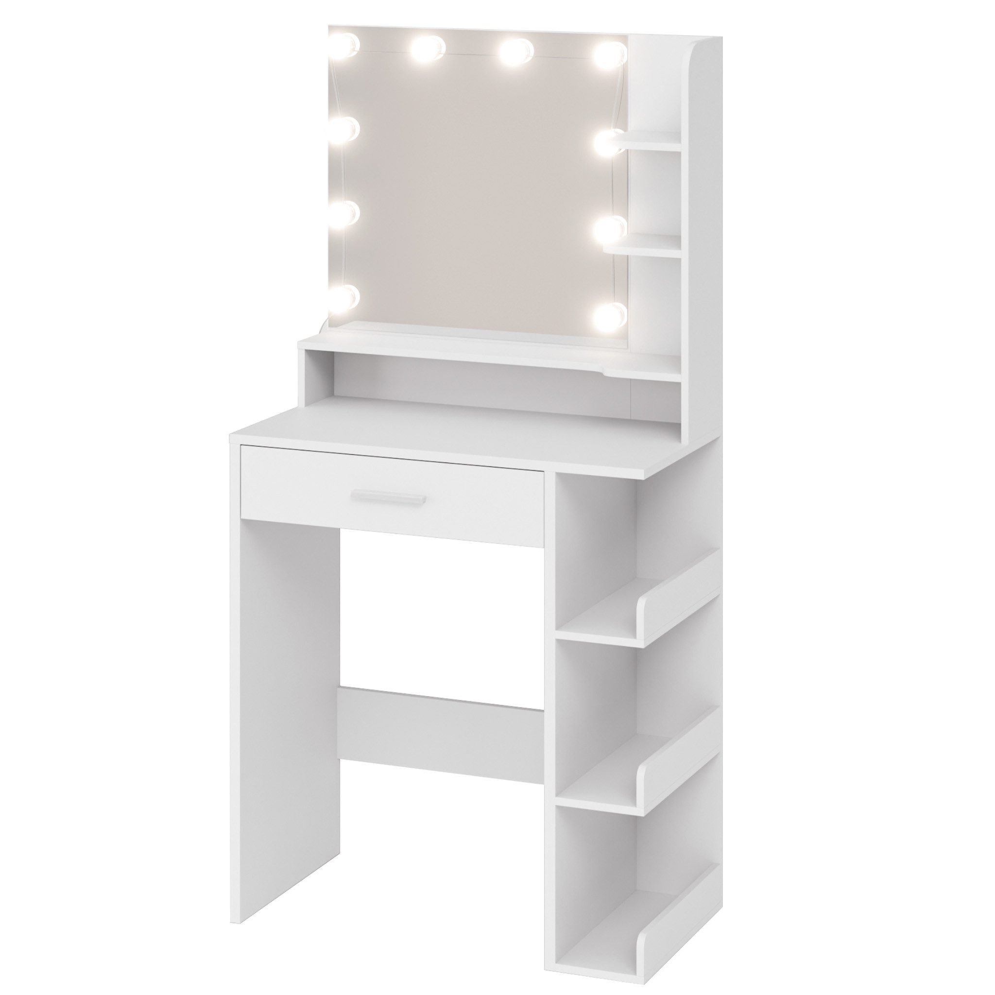 Mondeer Schminktisch Kosmetiktisch (Weiß, 67 x 36 x 138 cm), mit Spiegel und 10 LED-Lichtkugeln,1 Schublade und 7 Offenen Fächern
