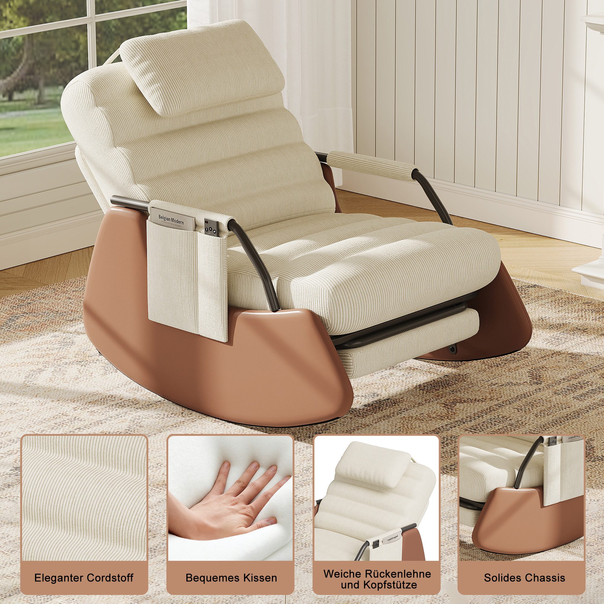 FUROKOY Schaukelstuhl Relaxsessel 3-stufia verstellbare Rückenlehne (Set, 1 St), Wohnzimmersessel mit Armlehnen und Fußstütze Cord,Beige,67x91.5x92cm – Bild 2 von 5