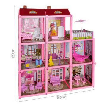 KRUZZEL Puppenhaus Puppenvilla mit Puppenfigur: Großes Puppenhaus-Set, (Puppenhaus-Set, Puppenhaus mit 3 Ebenen und Ausstattung), Großes Puppenhaus mit 8 Zimmern und Terrasse für kreatives Spielen
