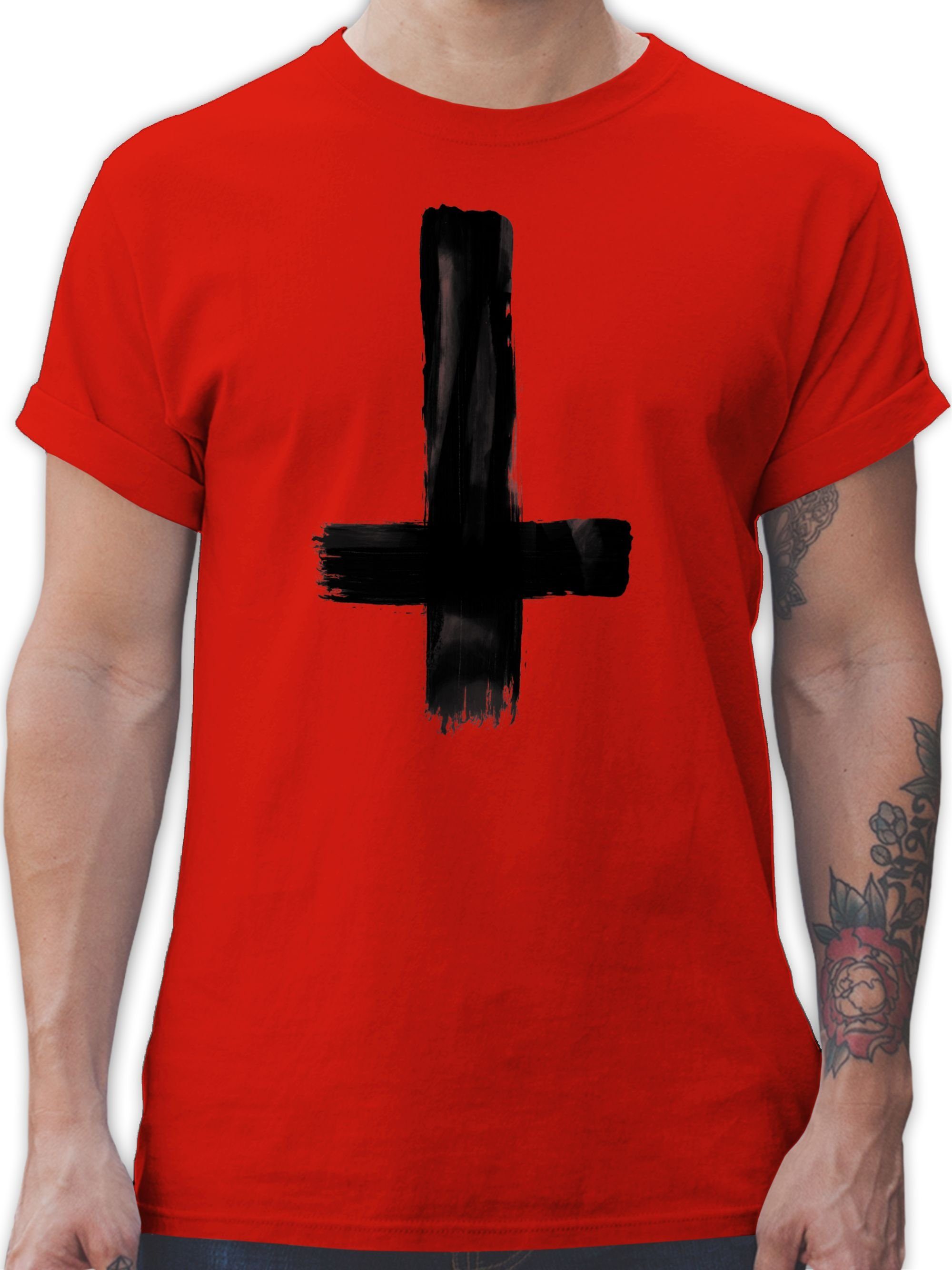 T-Shirt Outfit Umgedrehtes 3 und Rot Vintage Symbol Zeichen Shirtracer Kreuz