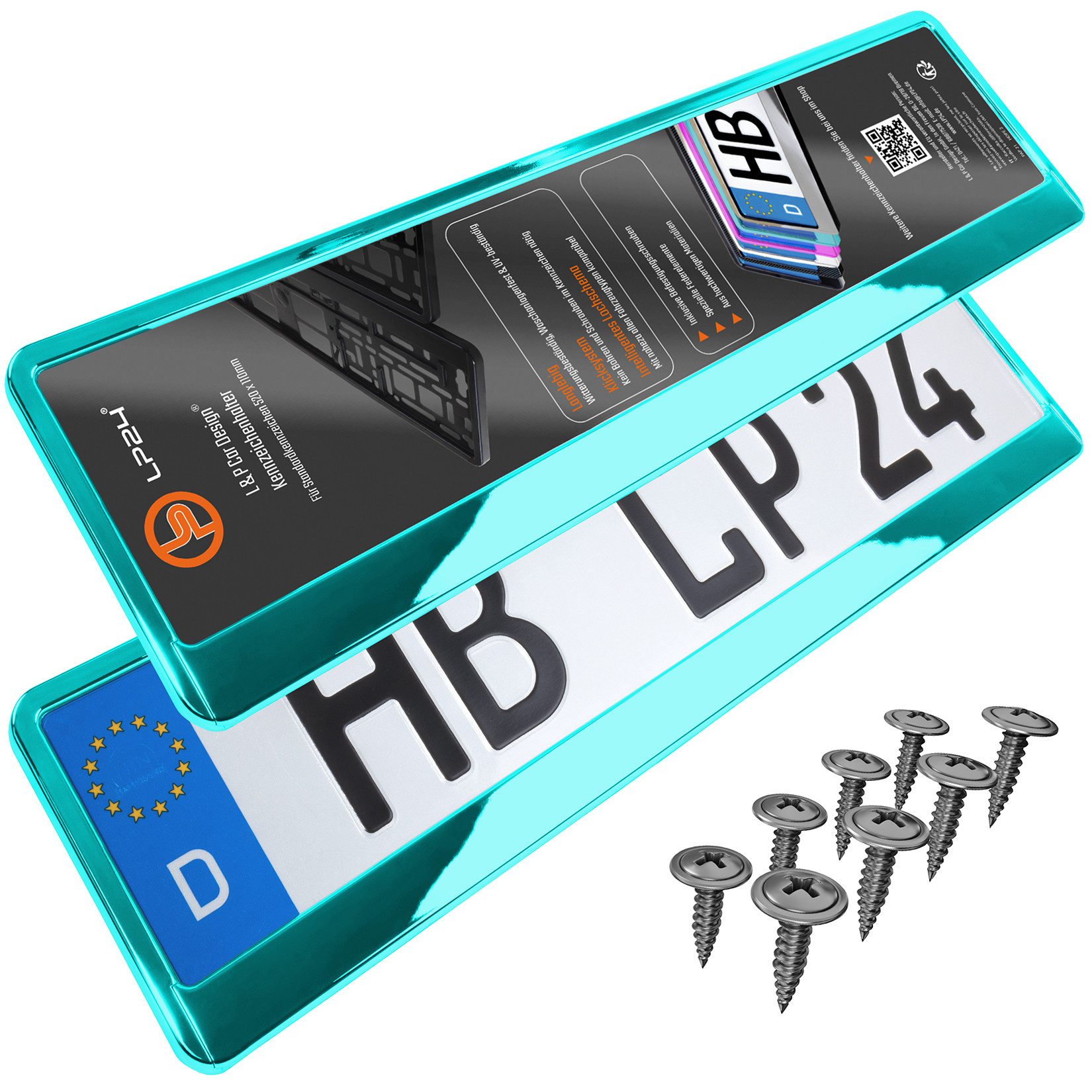 L & P Car Design Kennzeichenhalter für Auto Türkis-Chrom Kennzeichenhalterung, (2 Stück)