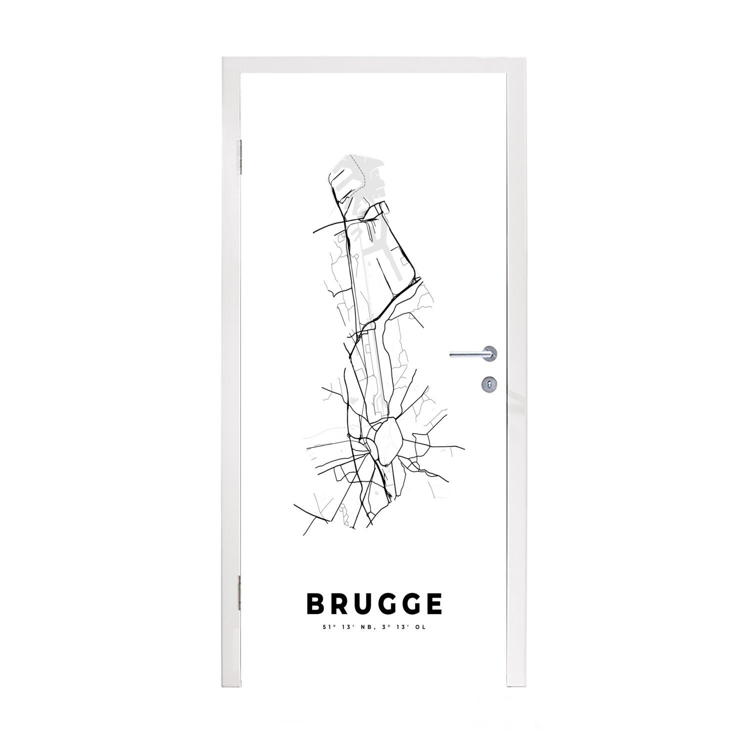 MuchoWow Türtapete Belgien - Brügge - Stadtplan - Karte - Schwarz und weiß - Karte, Matt, bedruckt, (1 St), Fototapete für Tür, Türaufkleber, 75x205 cm