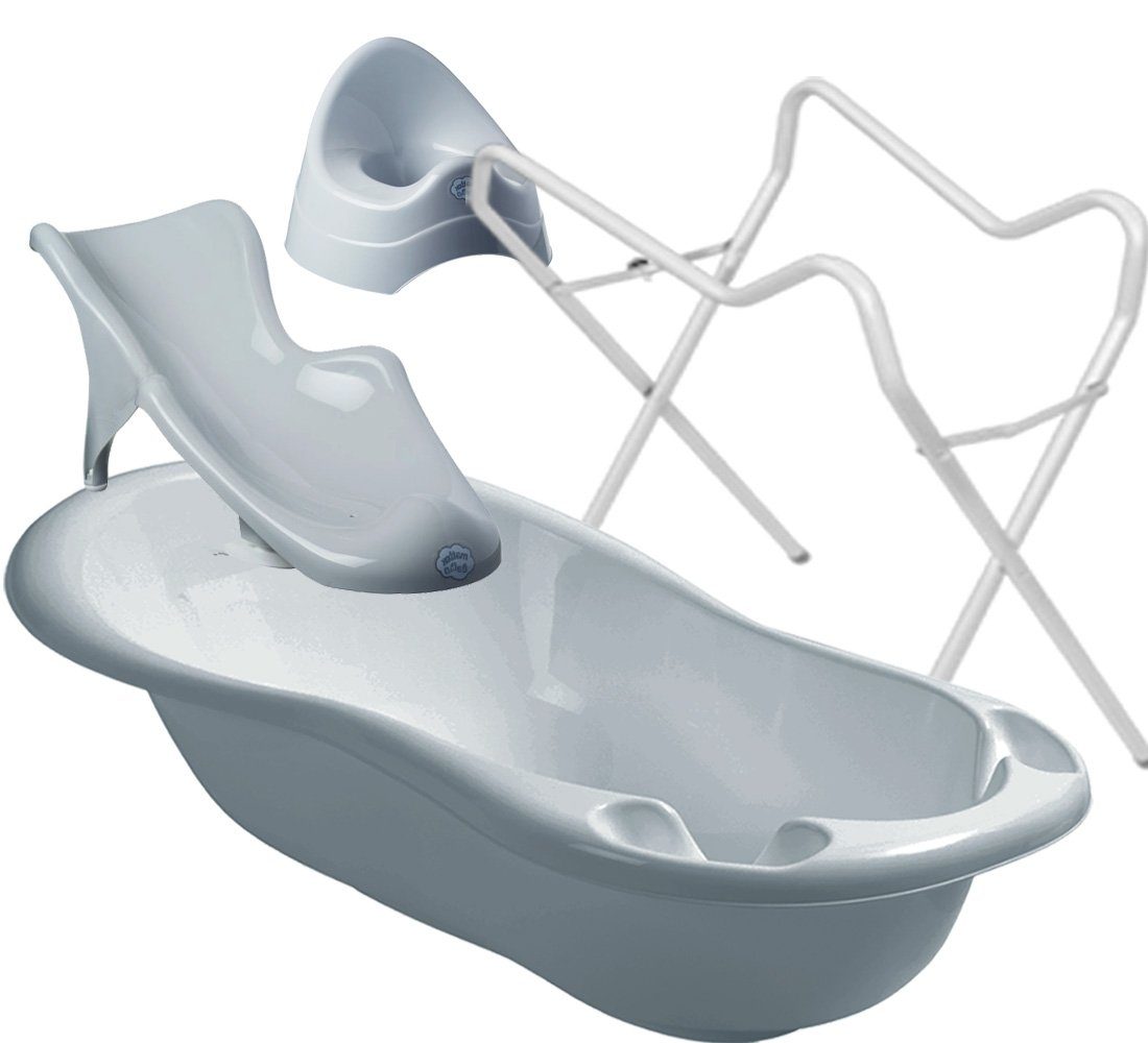 Maltex Babybadewanne 3 Teile SET Classic Grau + Ständer Weiß - Badeset Baby Wanne 84 cm, (Made in Europa), ** WANNE + SITZ + TÖPFCHEN + GESTELL**