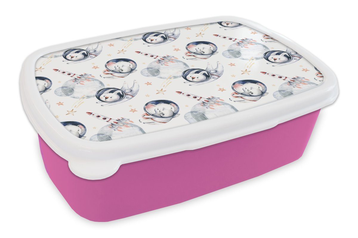 MuchoWow Lunchbox Muster - Rakete - Tiere - Mädchen - Jungen - Kinder - Kinder, Kunststoff, (2-tlg), Brotbox für Erwachsene, Brotdose Kinder, Snackbox, Mädchen, Kunststoff rosa