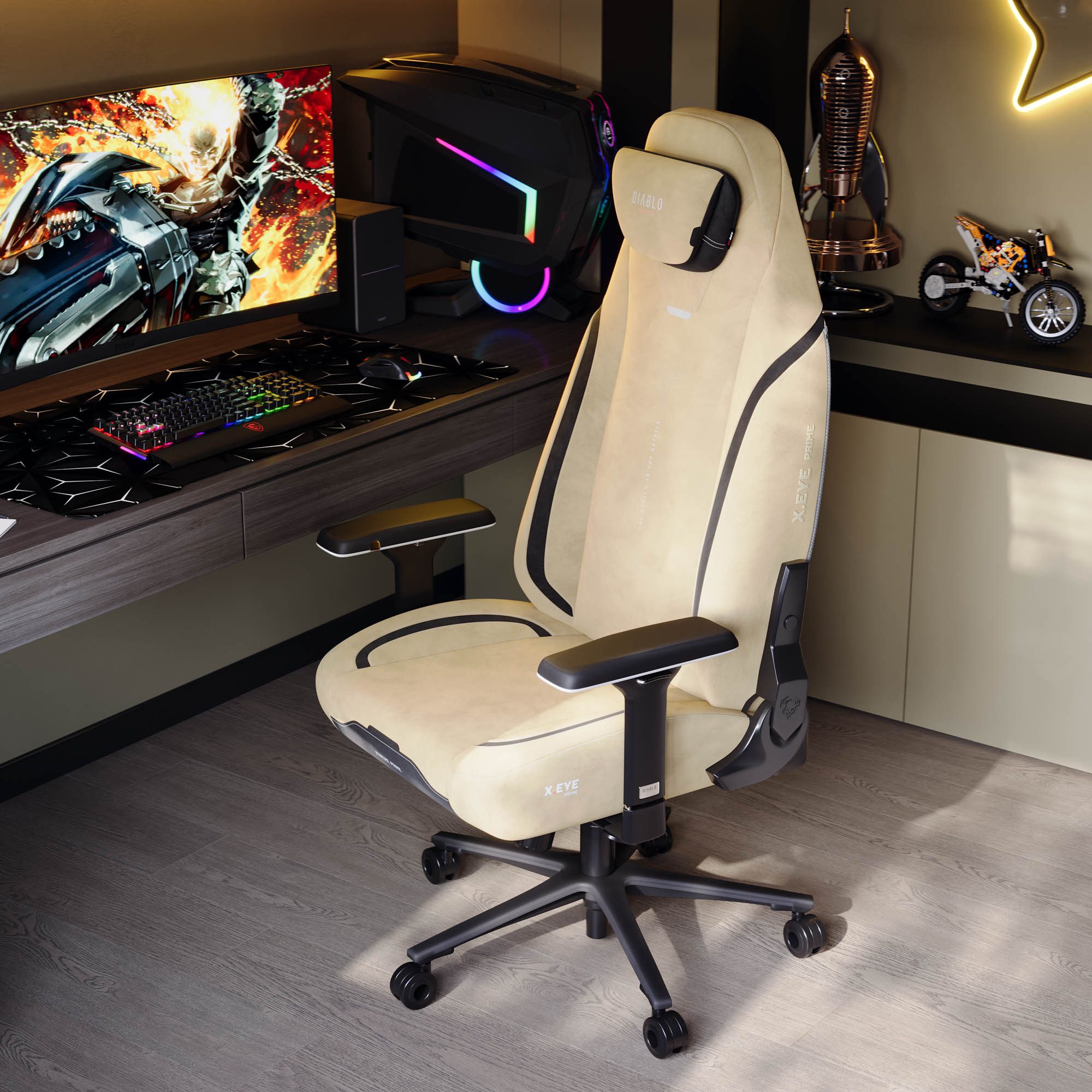 DIABLO CHAIRS Gaming-Stuhl X.Eye Prime Stoff ergonomisch 4D-Armlehnen Metallbasis 140kg (ProSpine Support, Wippmechanik 170°, Klasse-4-Gaslift), Magnet-Kopfstütze CoolComfort GentlePro TiltTech