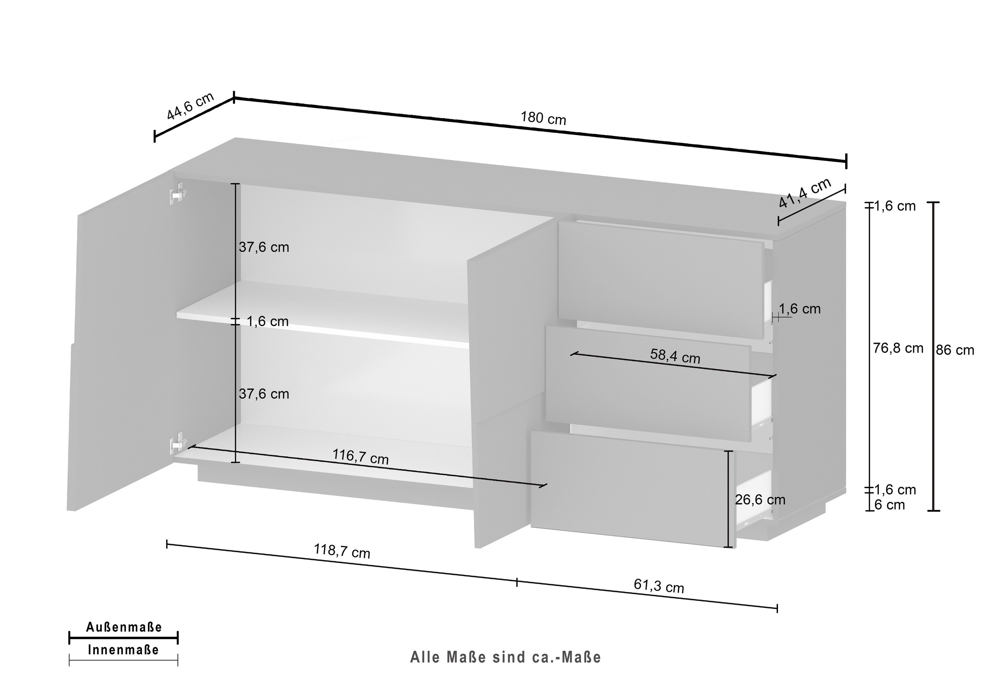 freiraum Sideboard Bitonto, in Weiß Hochglanz - 180x86x44cm (BxHxT)