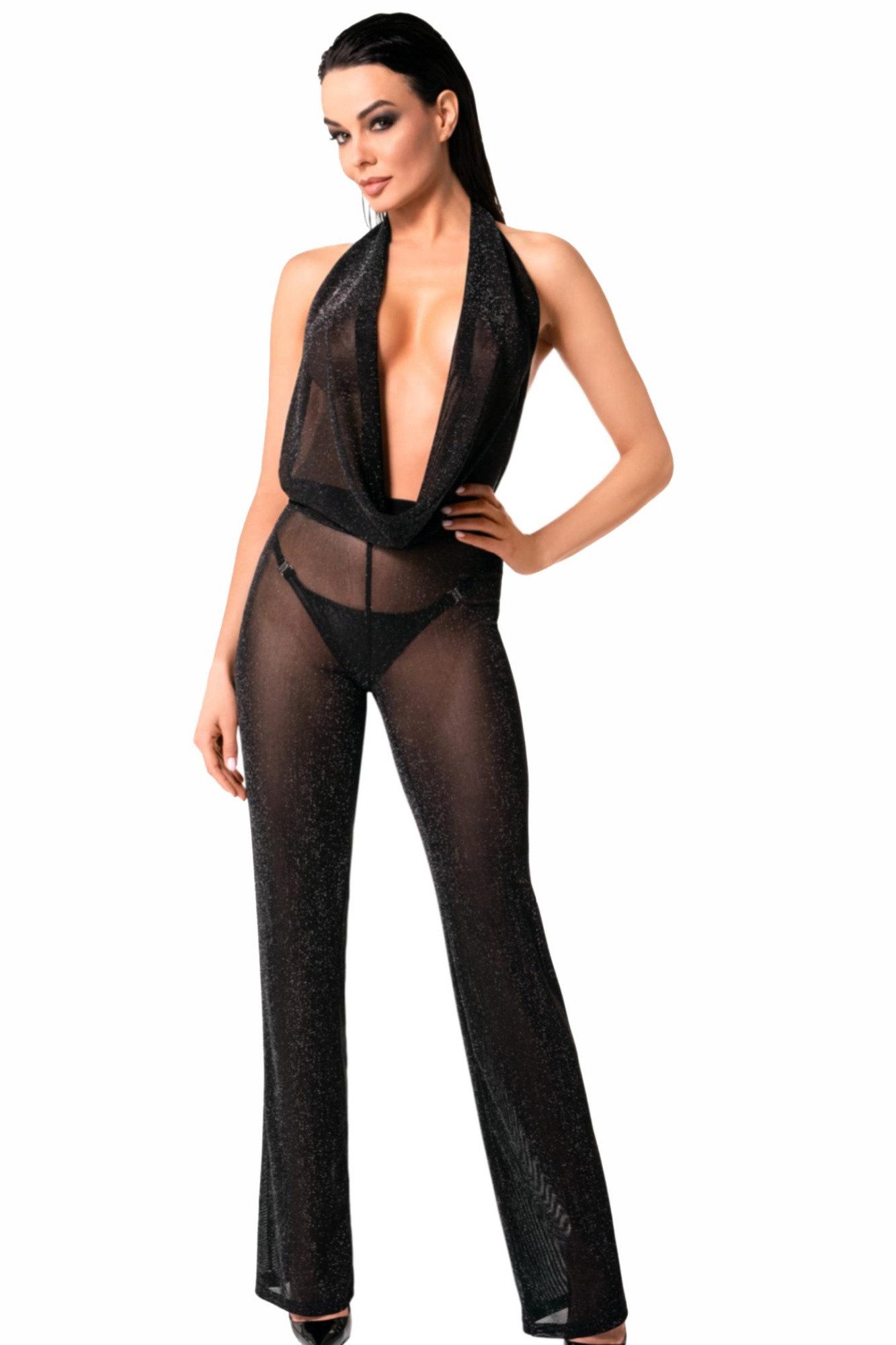 Noir Handmade Overall Transparenter Damen Dessous Bodystocking mit Wasserfallausschnitt aus