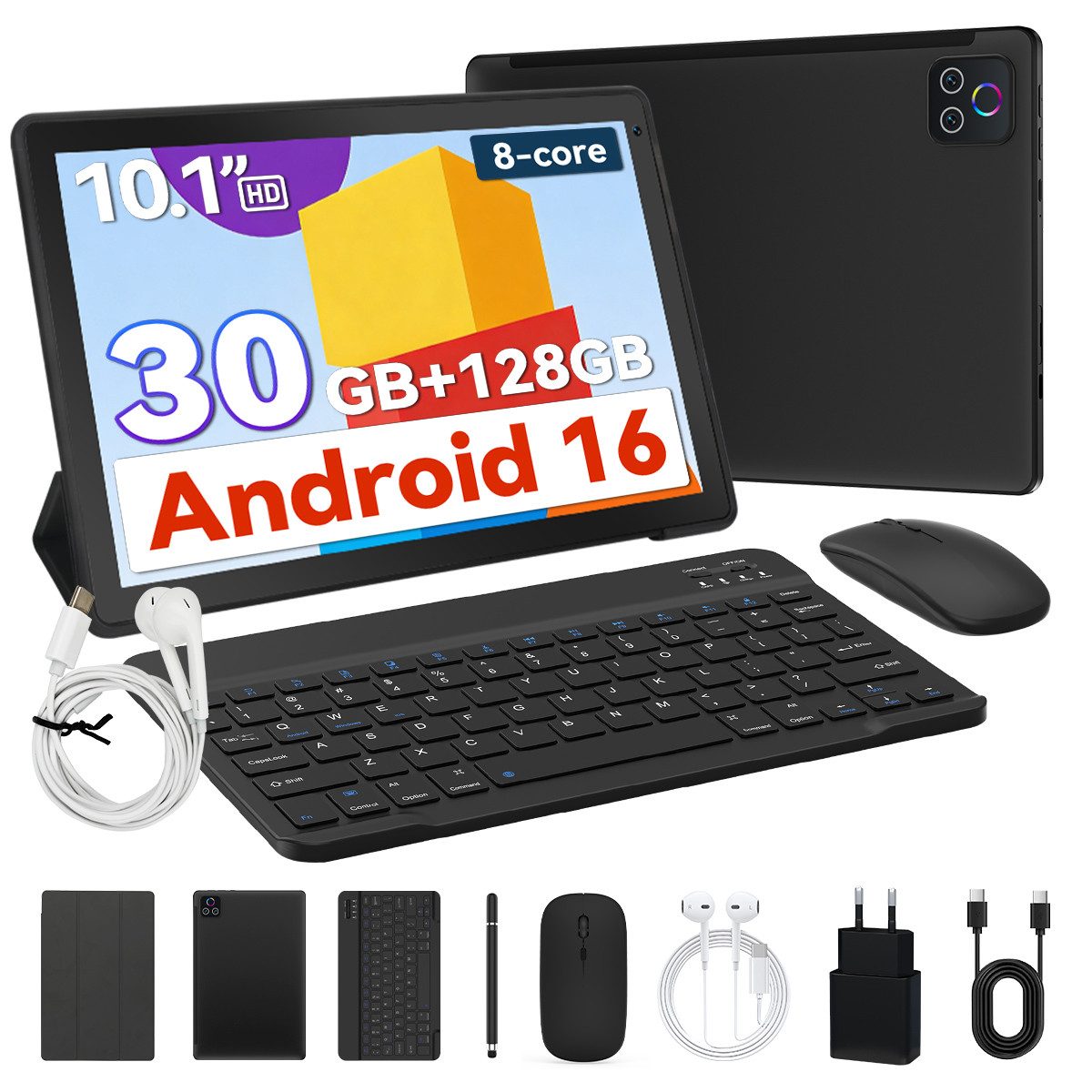 BUFO 10.1 Zoll Android, 4GB/6GB+128GB, 1280x800 HD, incl. Hülle Set Tablet (10", 128 GB, Android 16, Octa core mit Tastatur, Stift, Maus, Hülle, Kopfhörer, WiFi 6 BT 5.4)
