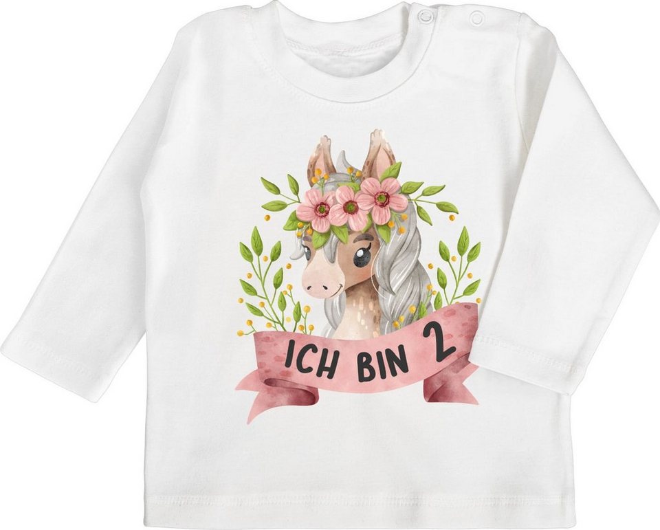 Shirtracer T-Shirt Ich bin zwei mit süßem Pferd mit Blumen 2. Geburtstag,  Das Langarm Baby T-Shirt ist optimal für Jungen und Mädchen