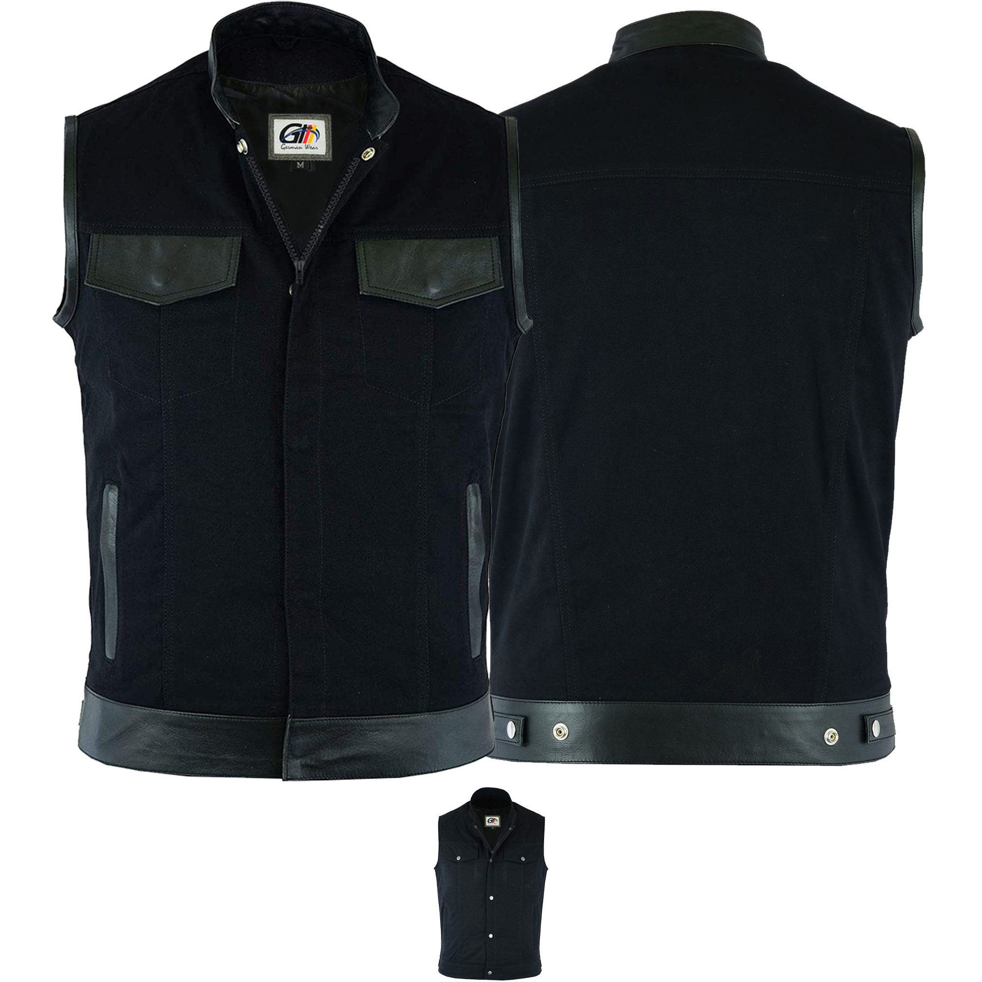 German Wear Motorradweste GW691 Denim+Leder Motorrad Biker Jeansweste Motorradweste Weste schwarz