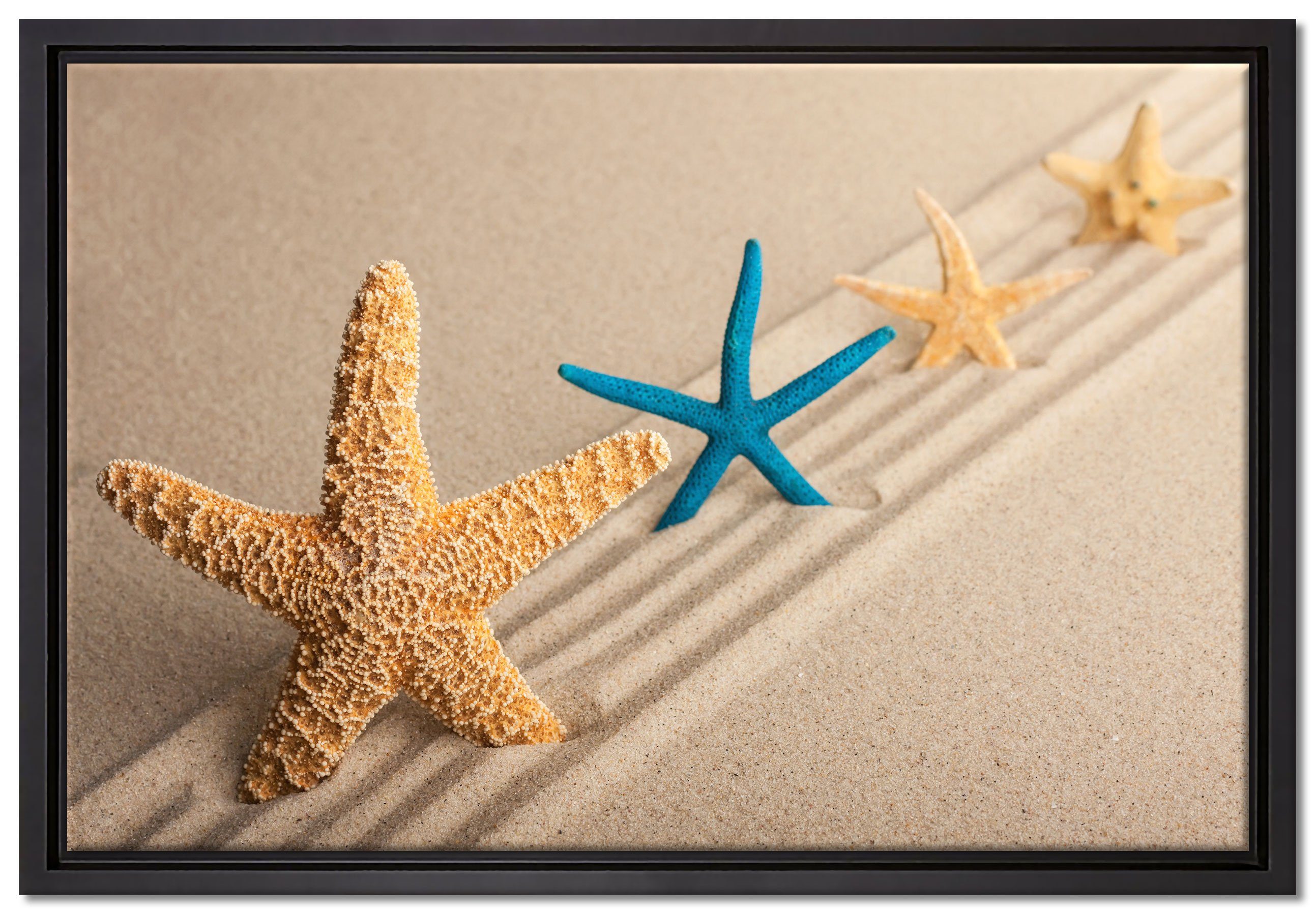 Pixxprint Leinwandbild Seesterne im Sand, Wanddekoration (1 St), Leinwandbild fertig bespannt, in einem Schattenfugen-Bilderrahmen gefasst, inkl. Zackenaufhänger