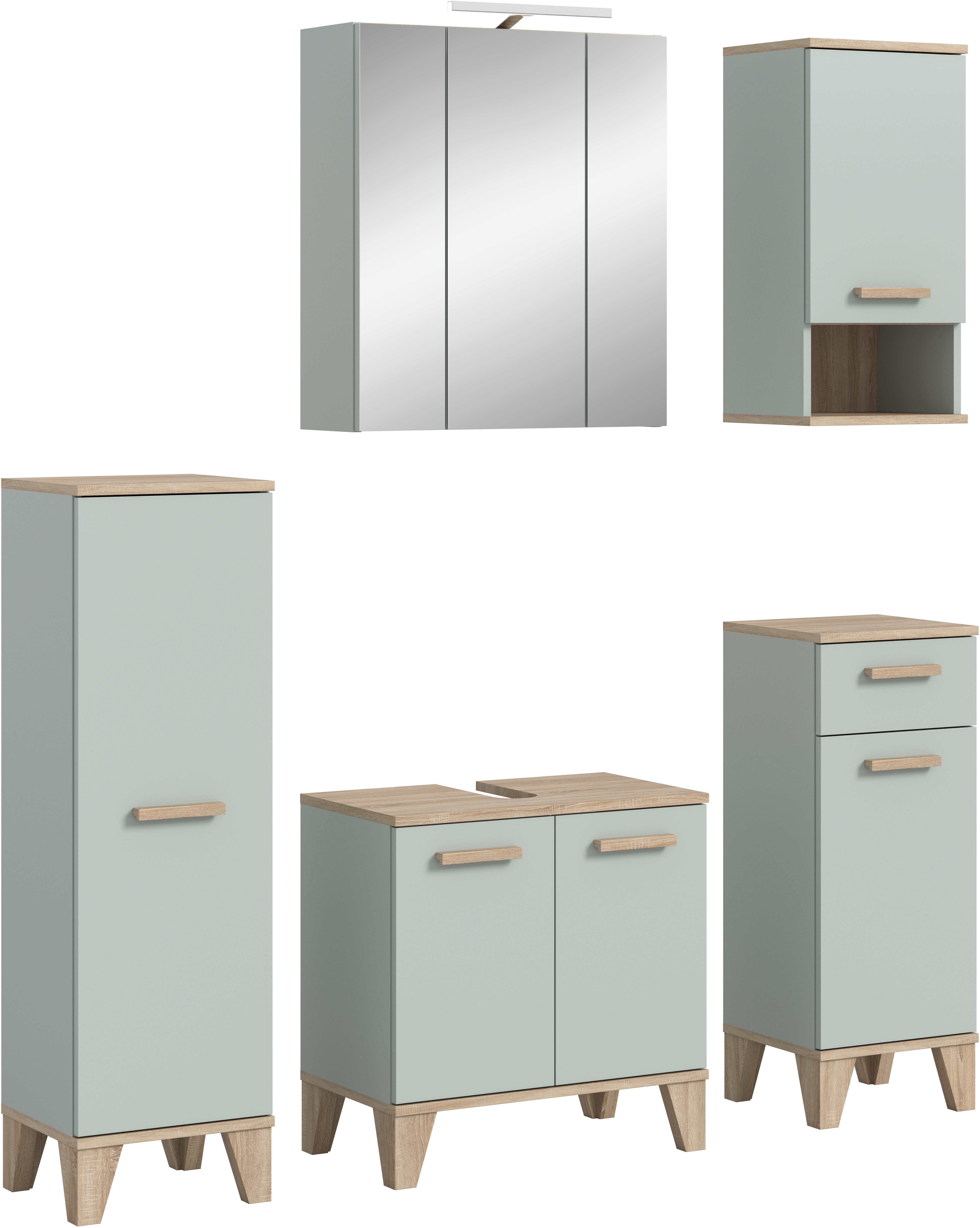 welltime Badmöbel-Set MINTTU, 5-teilige moderne Badkombi im SCANDI-Look, inkl. Beleuchtung, (5-St., bestehend aus: 2x Midischrank, WBU, Spiegelschrank, Hängeschrank), Bad-Kombination, Bad-Möbel, Badezimmer, Kombination, Kombi, Bad-Set