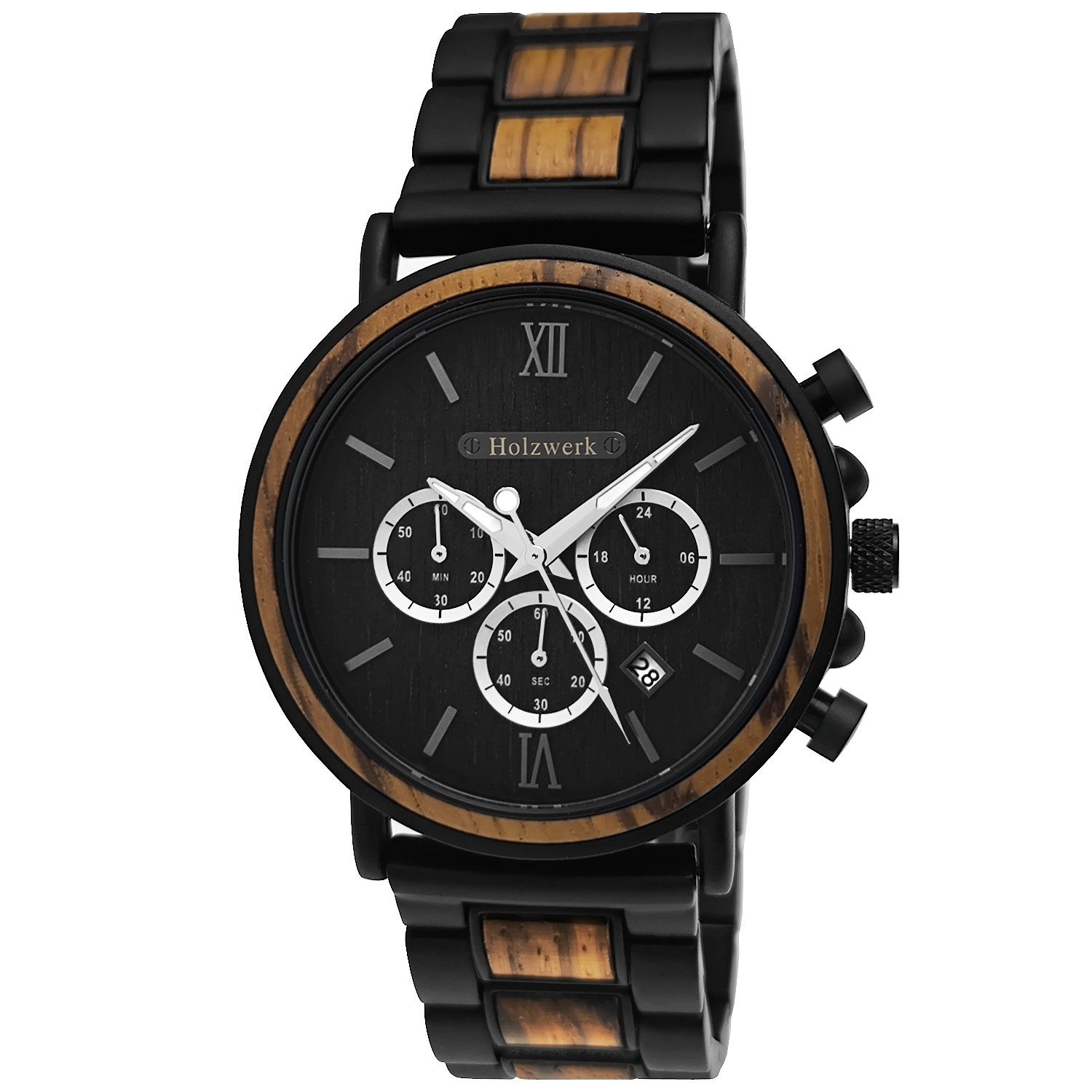 Holzwerk Chronograph Herren Designer Edelstahl & Holz Armband Uhr mit Datum, (inklusive Armbandkürzer), Holz Unikate, ideal auch als Geschenk, Quarzuhrwerk