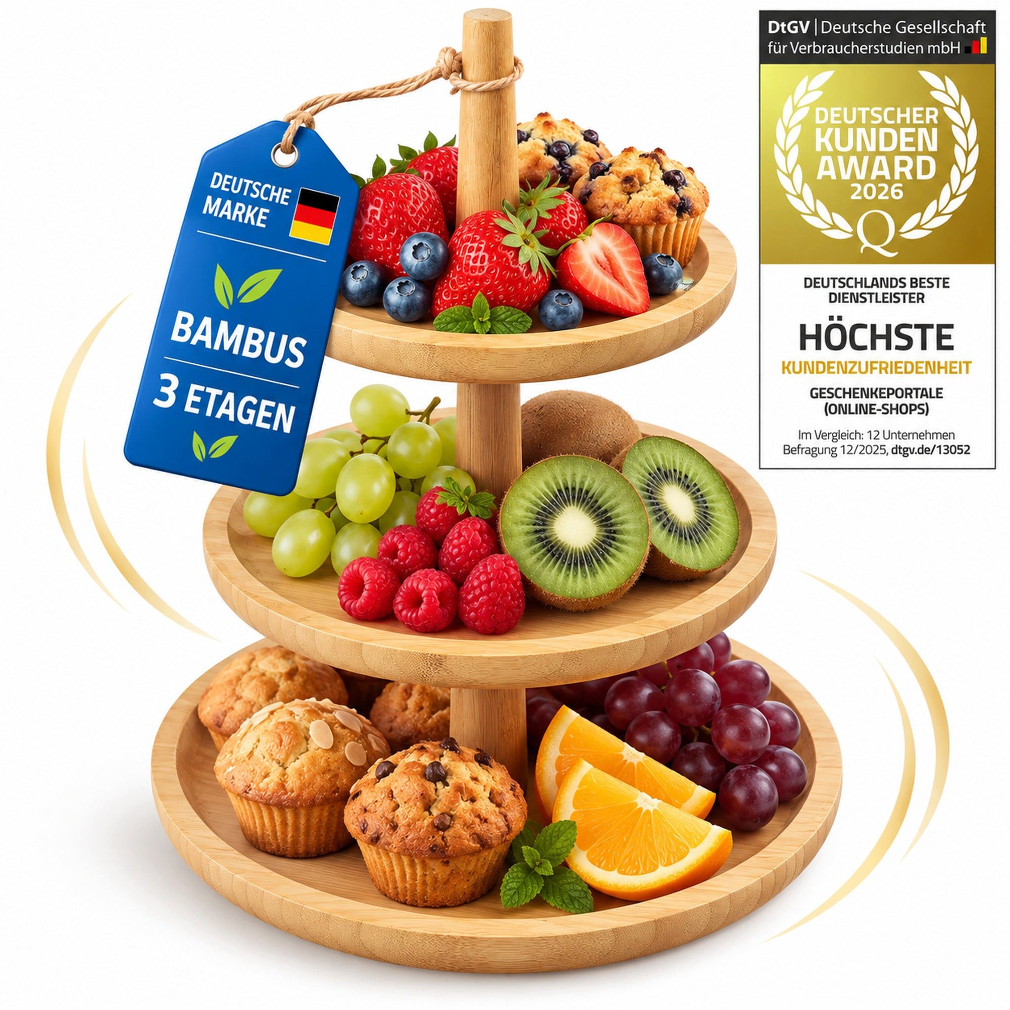 Dimono Etagere Dimono Deluxe 3-stöckige Etagere – Servierständer aus Natur-Schiefer, Bambus, (3-Etagen Servierschalen, Obst- & Gemüseschale), Servierschalen für Desserts, Obst, Gemüse, Süßes uvm.