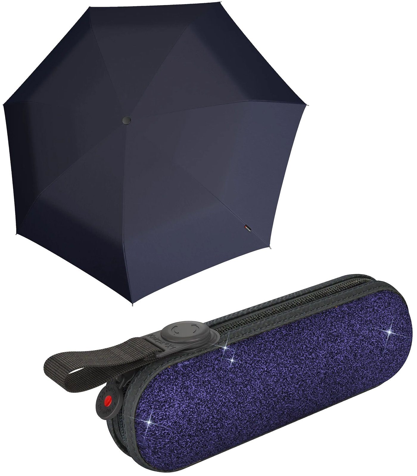Knirps® Befestigungsmöglichkeit Glam durch navy X1 die Schlaufe Damen-Schirm mini im mit Glitzer-Etui, Taschenregenschirm